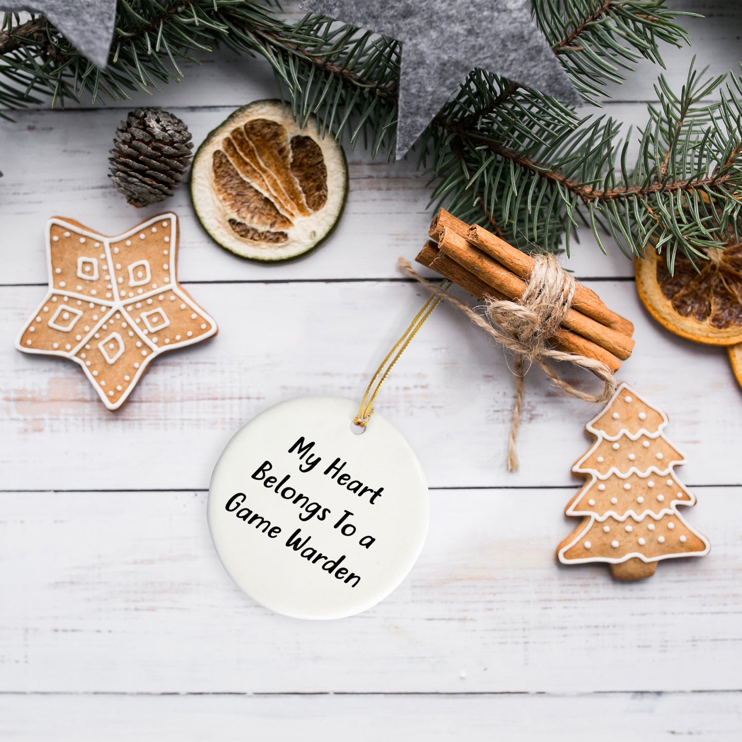 Funny Game Warden Gifts for Friends or Family - 'My Heart Belongs To A Game Warden' Circle Ornament with Christmas Unique Gift from, Gifts for Game Wardens, Men, and Women
