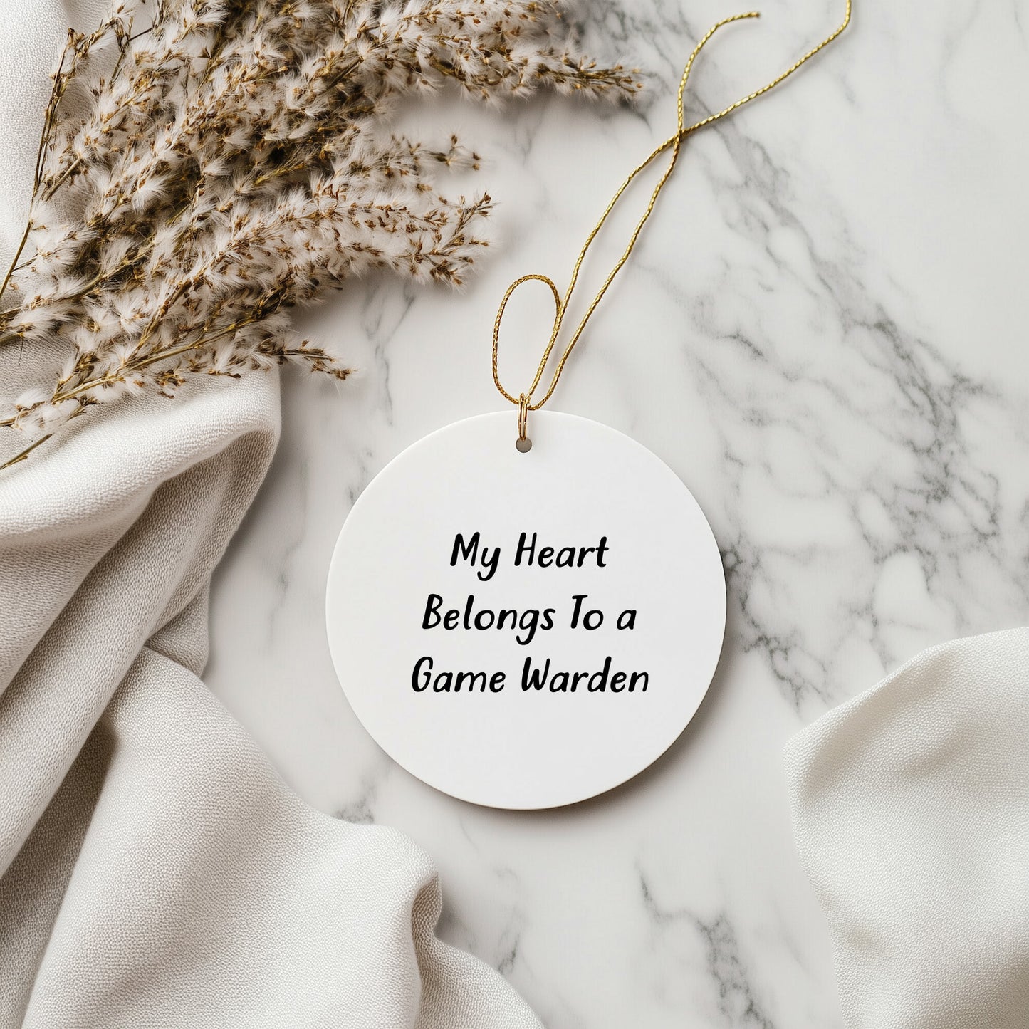 Funny Game Warden Gifts for Friends or Family - 'My Heart Belongs To A Game Warden' Circle Ornament with Christmas Unique Gift from, Gifts for Game Wardens, Men, and Women