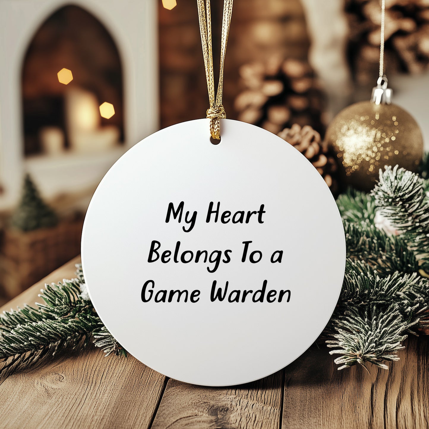 Funny Game Warden Gifts for Friends or Family - 'My Heart Belongs To A Game Warden' Circle Ornament with Christmas Unique Gift from, Gifts for Game Wardens, Men, and Women