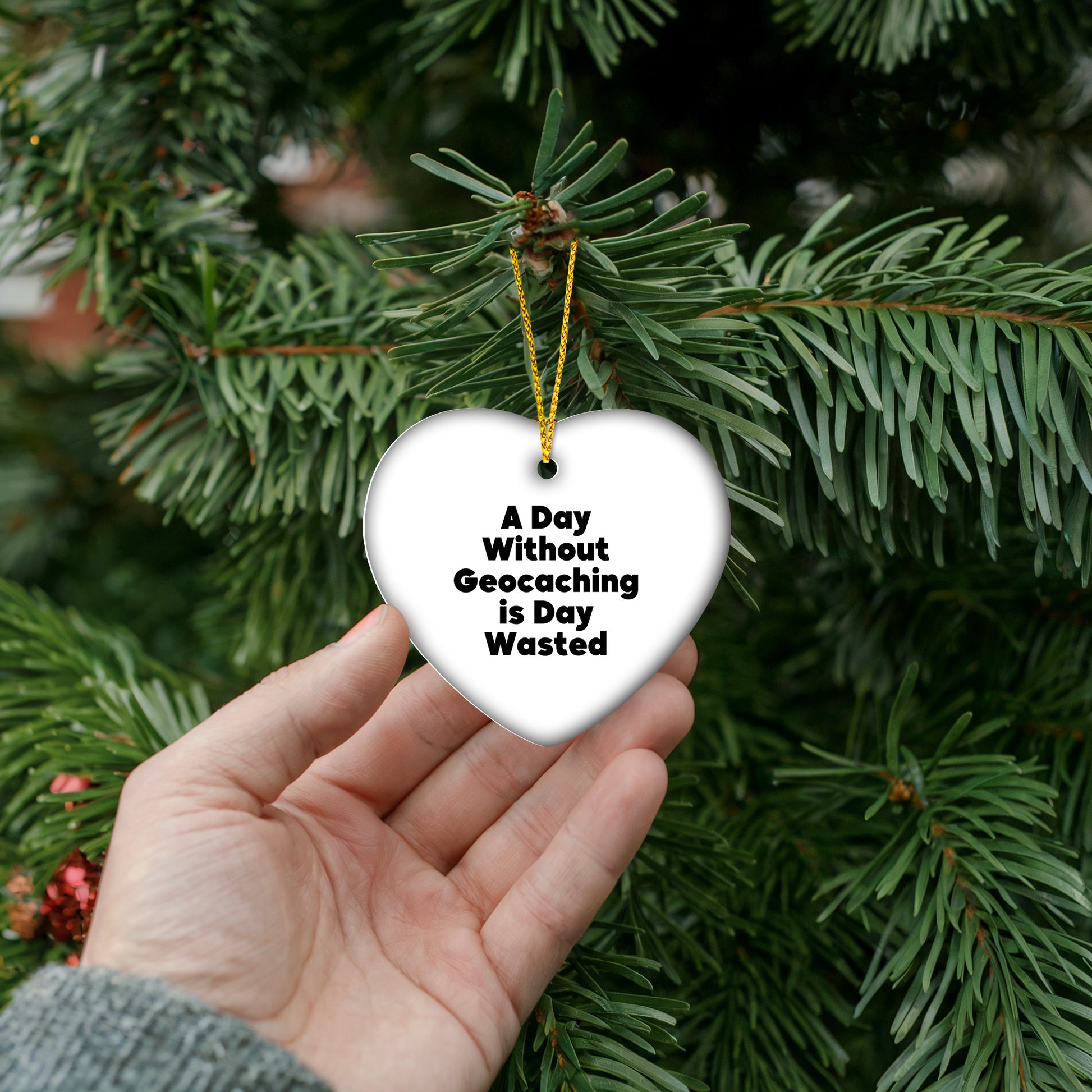 Funny Geocaching Gifts for Men and Women, 'A Day Without Geocaching Is Day Wasted' Heart Ornament, Christmas Unique Gifts from Friends to Family