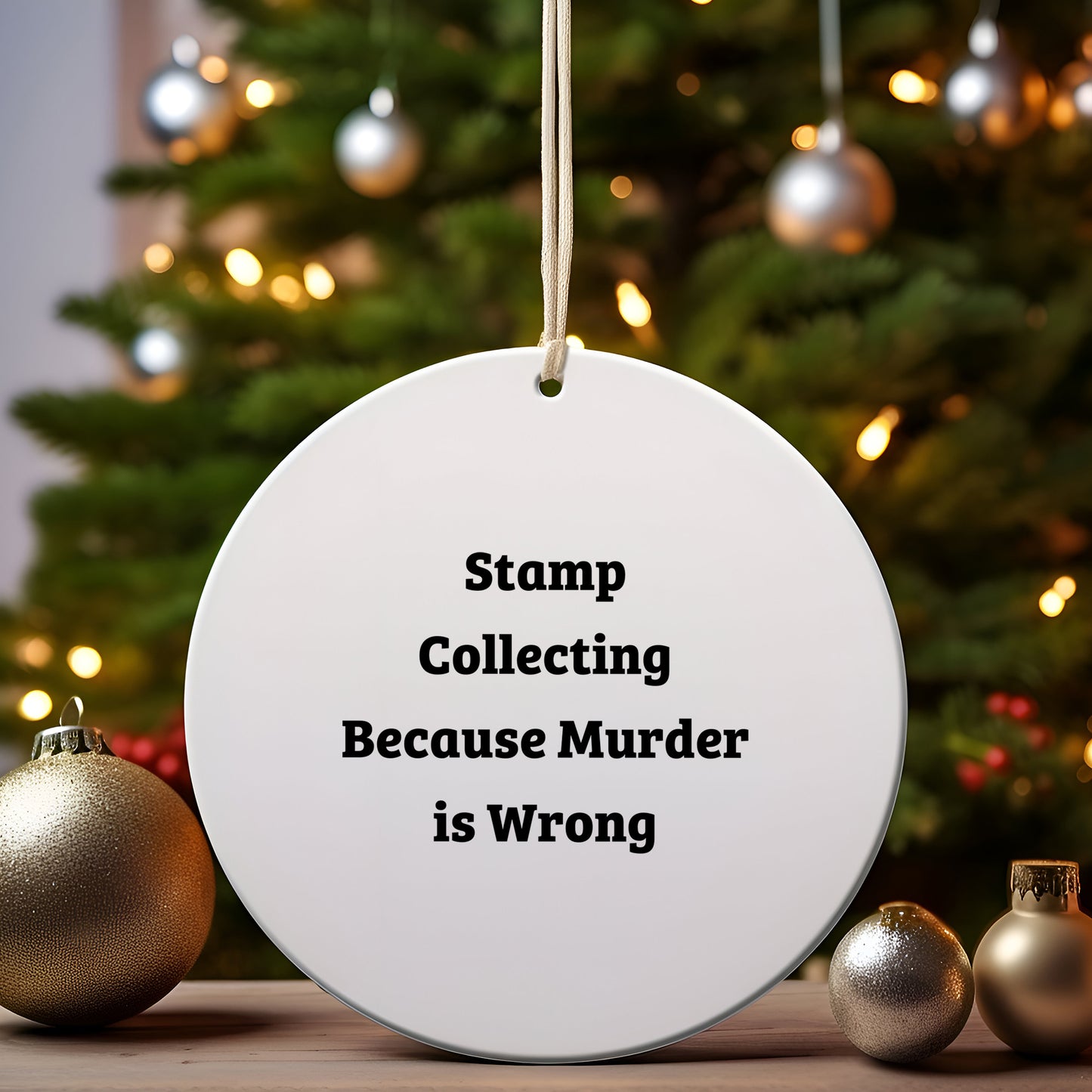 Funny Stamp Collecting Gifts from Friends - Stamp Collecting Circle Ornament, 'Stamp Collecting Because Murder Is Wrong' Quote, Christmas Unique Gifts for Stamp Collecting Enthusiasts