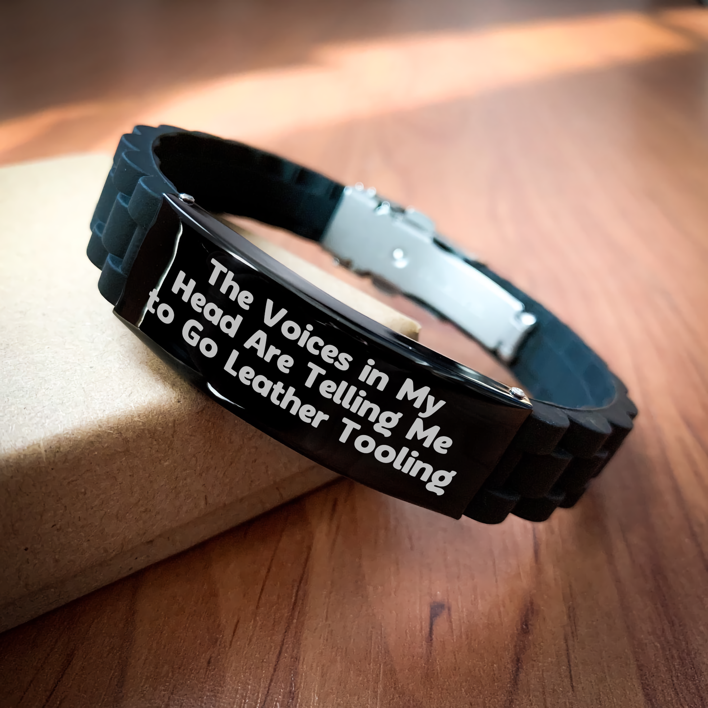 Funny Leather Tooling Gifts for Men, 'The Voices In My Head Are Telling Me To Go Leather Tooling' Glide lock Clasp Bracelet, Father's Day Unique Gifts from Friends - Image 2