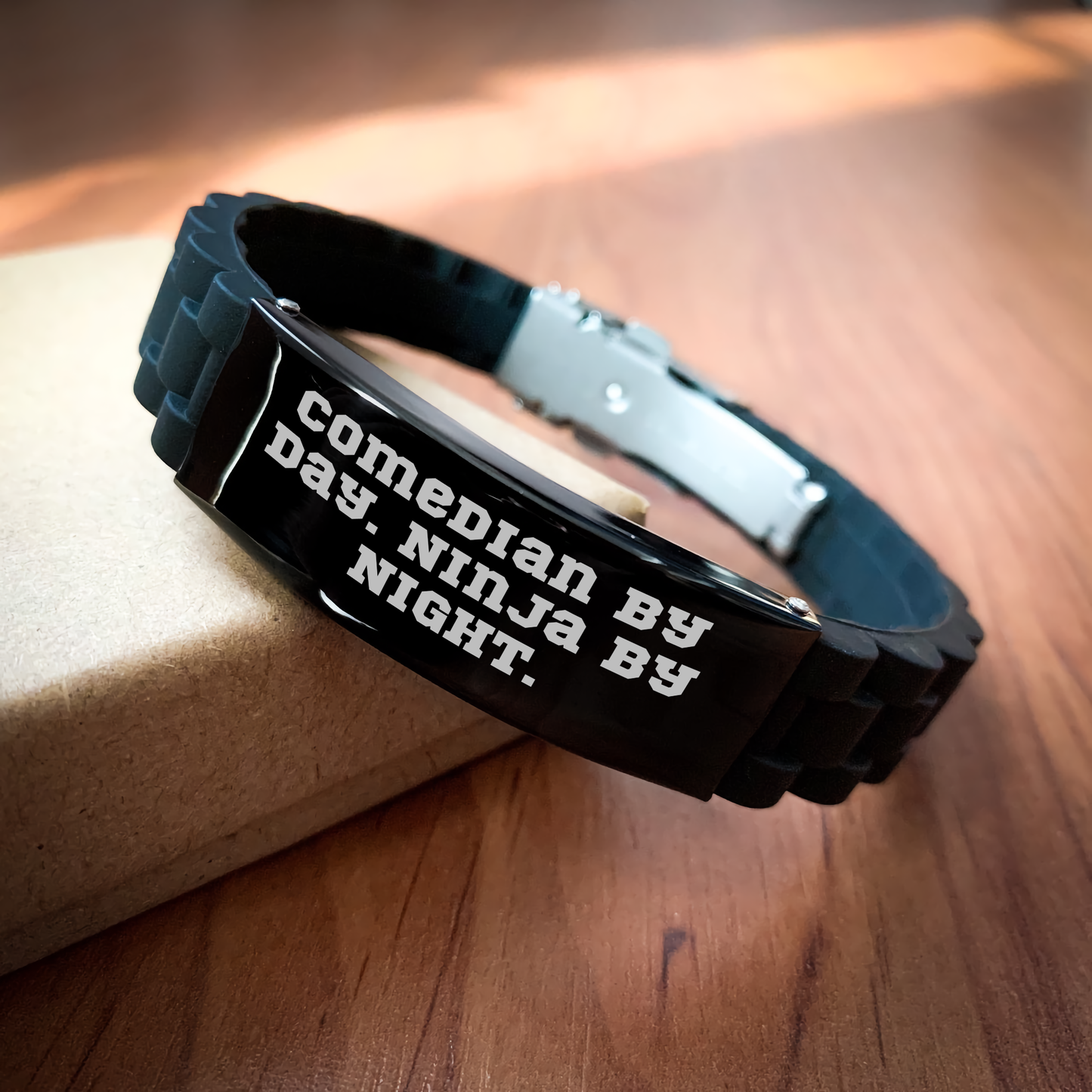 Comedian By Day. Ninja By Night. Funny Glide lock Clasp Mother's Day Unique Gift for Him from Friends - Adjustable Silicone Black Stainless Steel Bracelet Band - Image 2