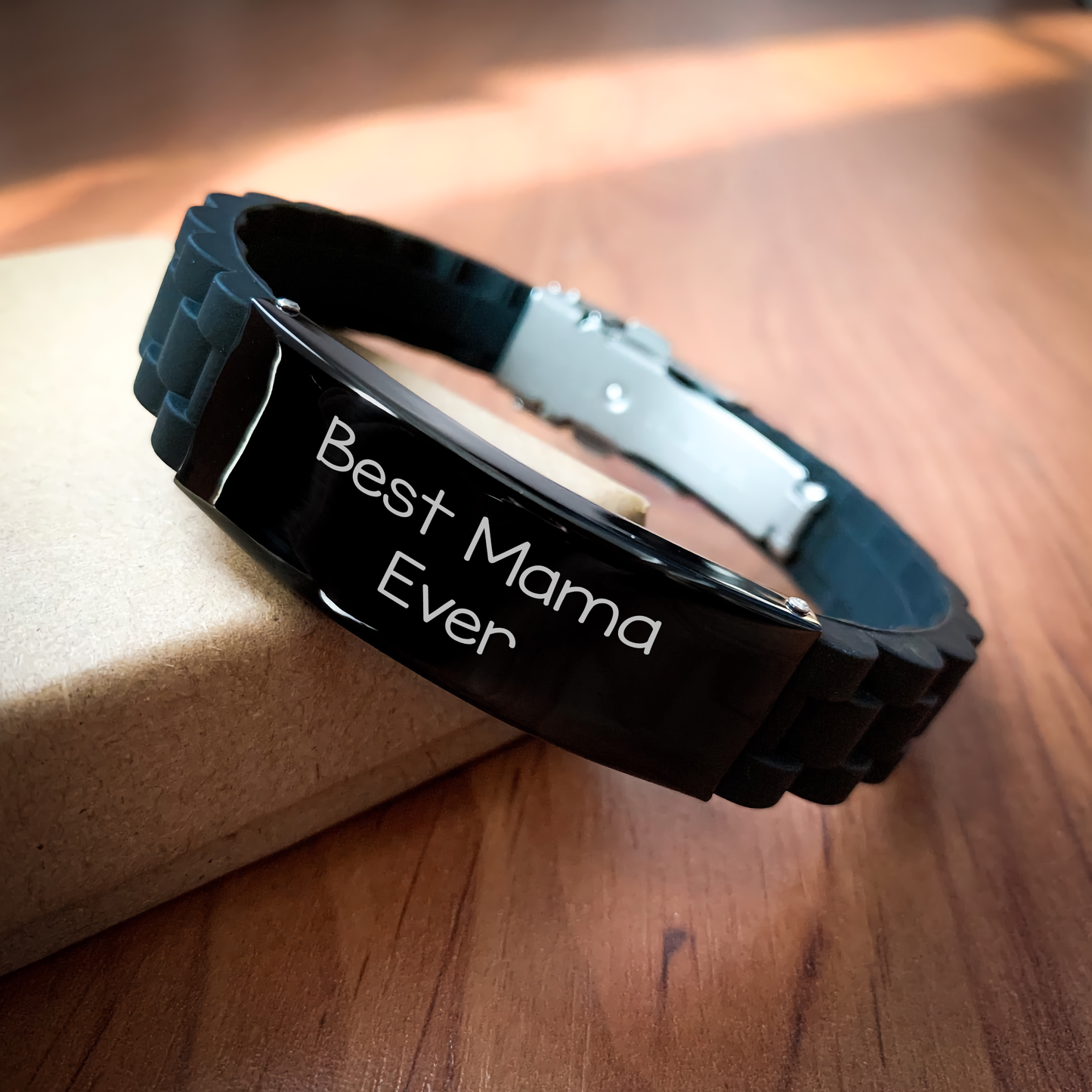 Funny Mama Gifts from Men - Best Mama Ever Glide lock Clasp Bracelet, Adjustable Black Stainless Steel and Silicone, Perfect for Father's Day - Image 2