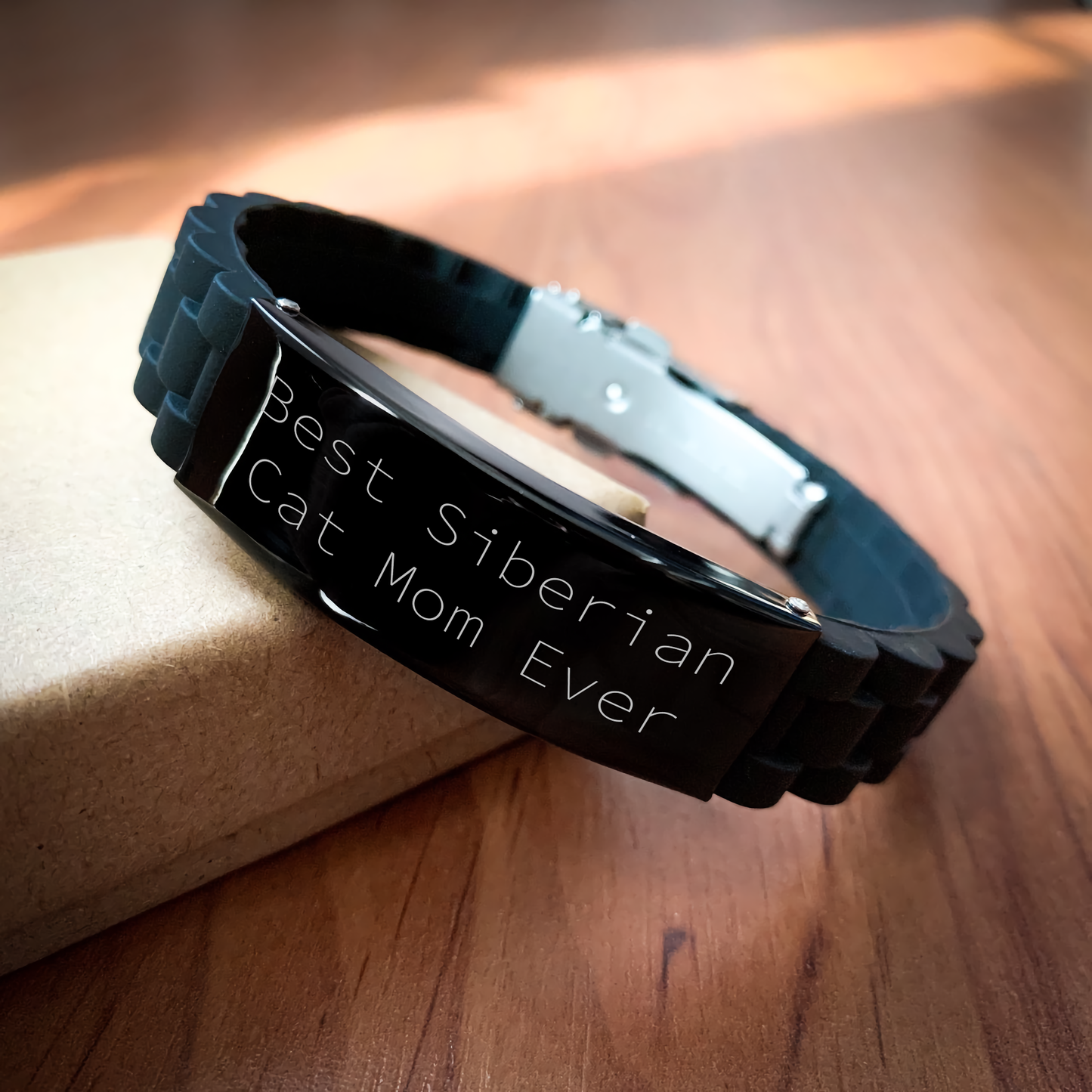 Siberian Cat Mom Ever's Funny Father's Day Unique Gift for Men - Glide lock Clasp Black Stainless Steel Adjustable Silicone Band from Gifts for Siberian Cat Enthusiasts - Image 2