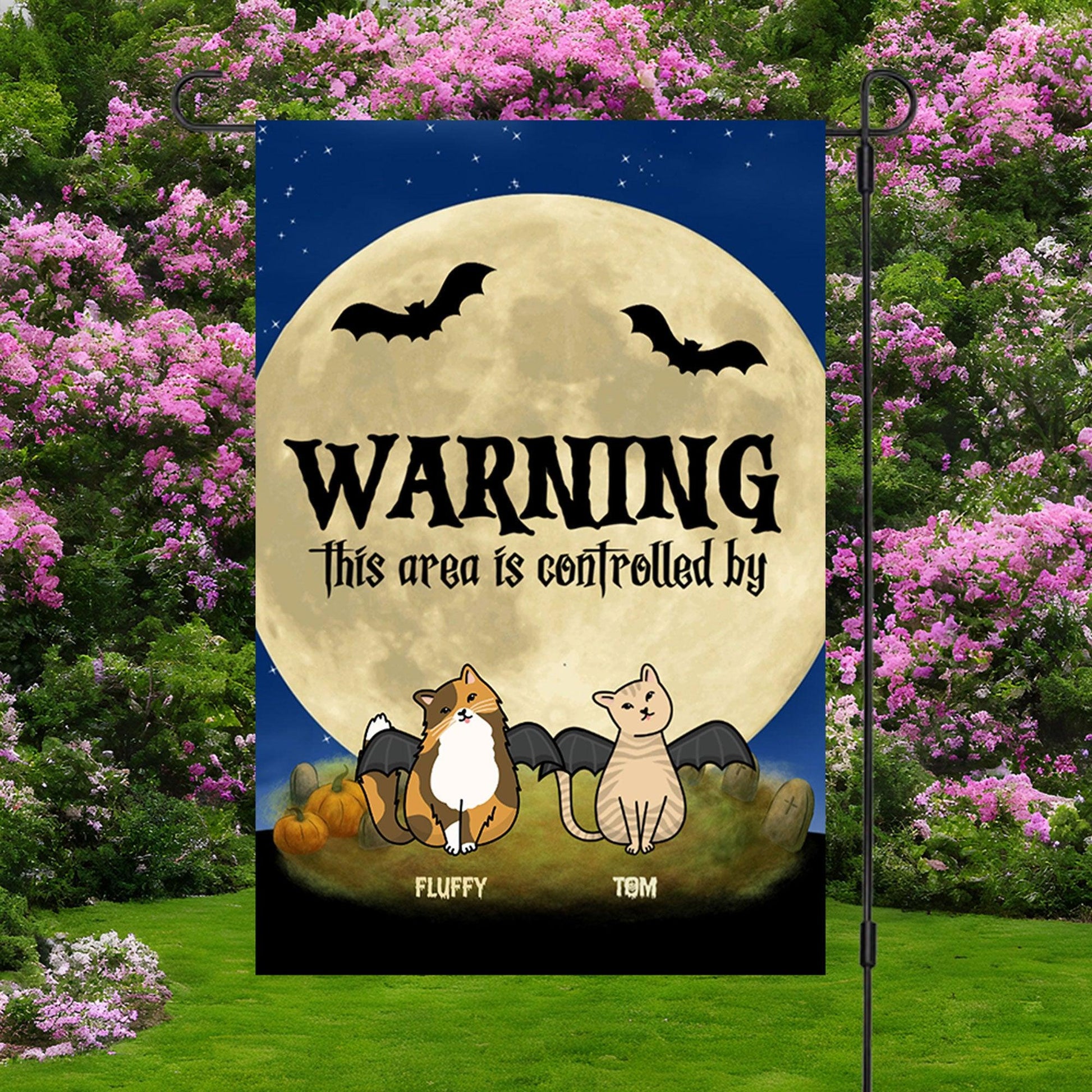 Halloween Cat Personalized Garden Flag - Warning This Area Is Controlled by Cats - Mallard Moon Gift Shop