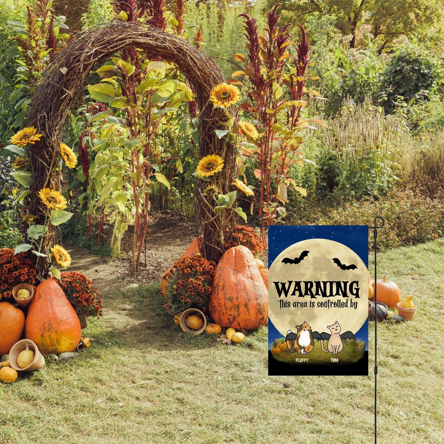 Halloween Cat Personalized Garden Flag - Warning This Area Is Controlled by Cats - Mallard Moon Gift Shop