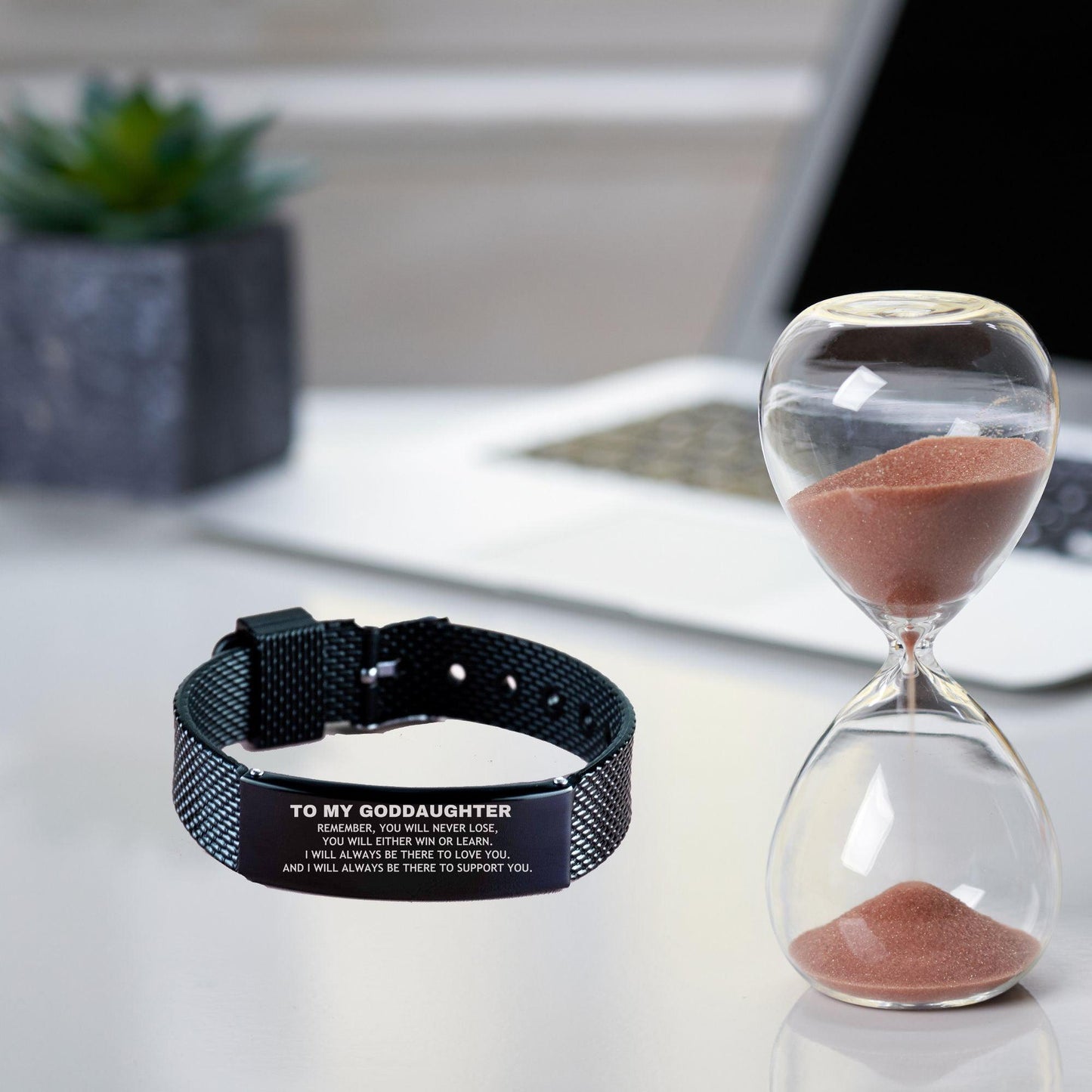 Goddaughter Gifts, To My Goddaughter Remember, you will never lose. You will either WIN or LEARN, Keepsake Black Shark Mesh Bracelet For Goddaughter Engraved, Birthday Christmas Gifts Ideas For Goddaughter X-mas Gifts - Mallard Moon Gift Shop
