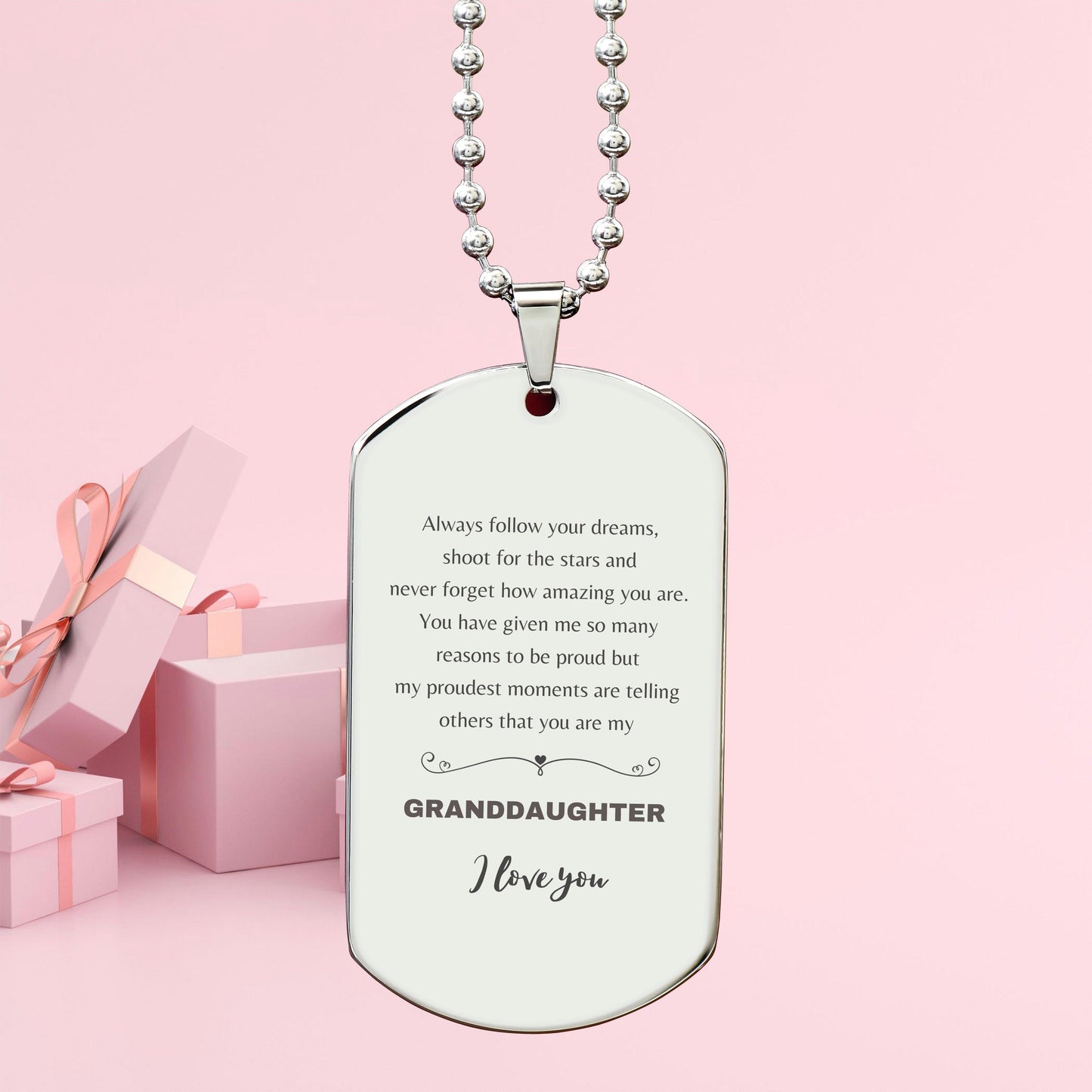 Granddaughter Engraved Silver Dog Tag Necklace, Motivational Heartfelt Birthday, Christmas Holiday Gifts For Granddaughter, You are Braver than you Believe, Loved More than you Know - Mallard Moon Gift Shop