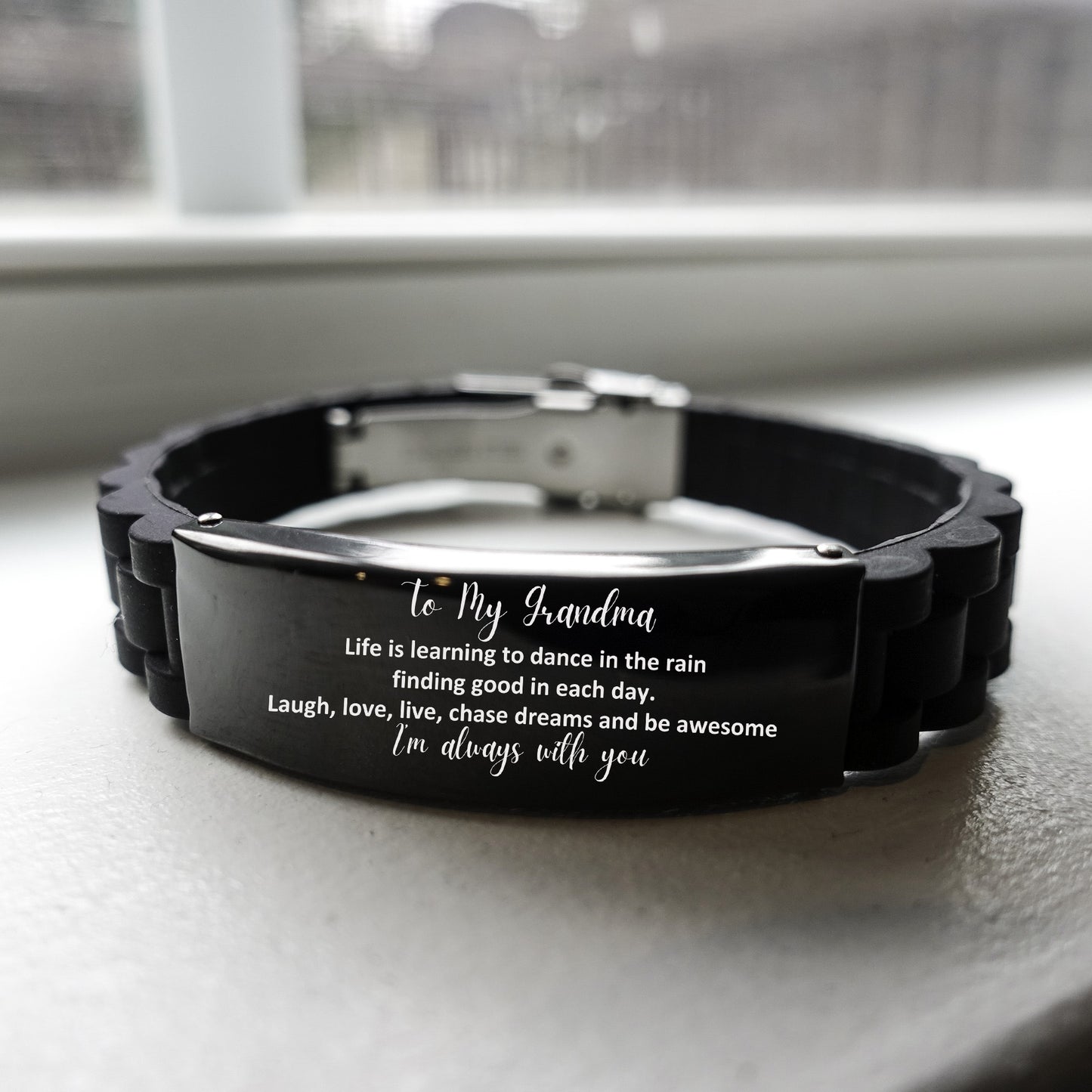 Grandma Christmas Gifts, Grandma Black Glidelock Clasp Bracelet, To My Grandma Life is learning to dance in the rain, finding good in each day. I'm always with you