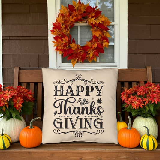 Happy Thanksgiving Decorative Pillow –Vintage Style Indoor/Outdoor Cushion – 3 Sizes - Mallard Moon