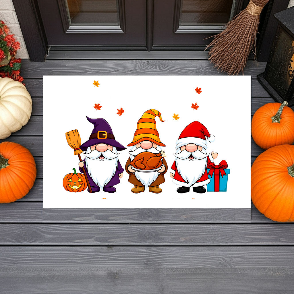 Holiday Gnome Trio Doormat – Halloween, Thanksgiving & Christmas All-in-One Welcome Mat – Cute Seasonal Full-Color Entry Rug