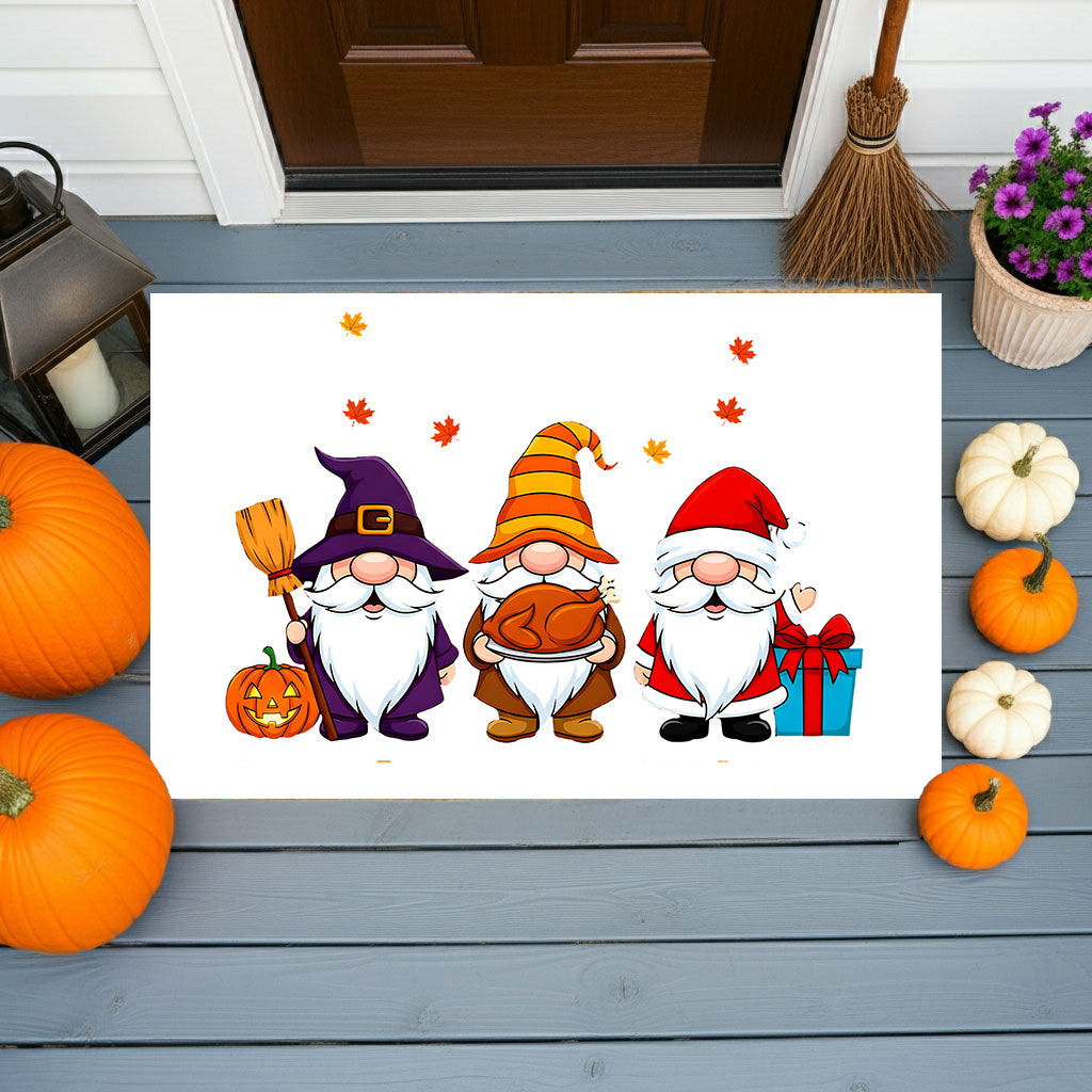 Holiday Gnome Trio Doormat – Halloween, Thanksgiving & Christmas All-in-One Welcome Mat – Cute Seasonal Full-Color Entry Rug