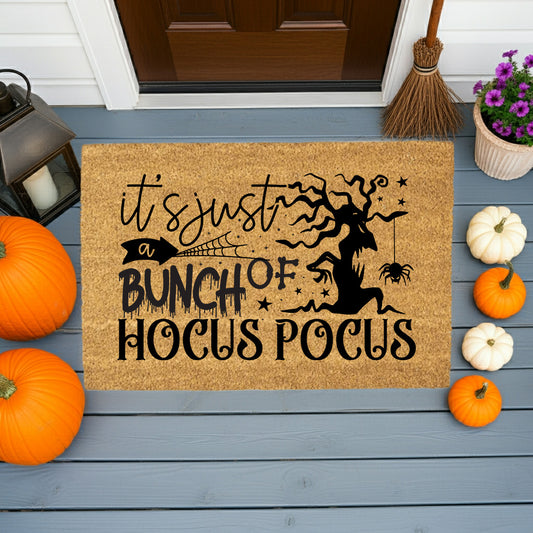 t’s Just a Bunch of Hocus Pocus Coir Doormat – Witchy Halloween Front Porch Decor | Funny Spooky Welcome Mat | Rustic Autumn Entry Rug - Mallard Moon