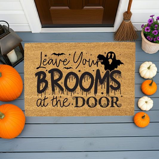 Leave Your Brooms at the Door Coir Doormat – Funny Witch Halloween Welcome Mat | Spooky Fall Front Porch Decor | Rustic Outdoor Entry Rug - Mallard Moon