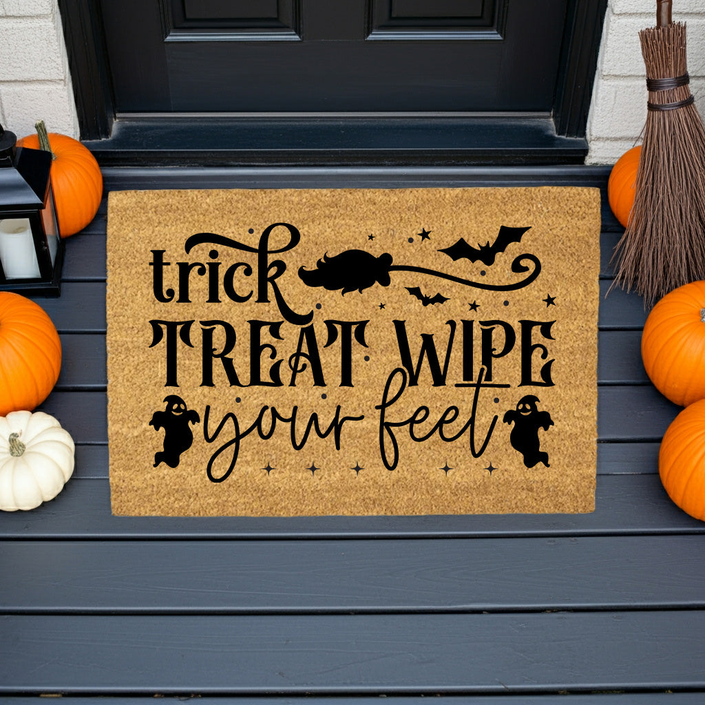 Trick, Treat, Wipe Your Feet Coir Doormat – Funny Halloween Welcome Mat | Spooky Ghost and Bat Porch Decor | Rustic Fall Entryway Rug - Mallard Moon