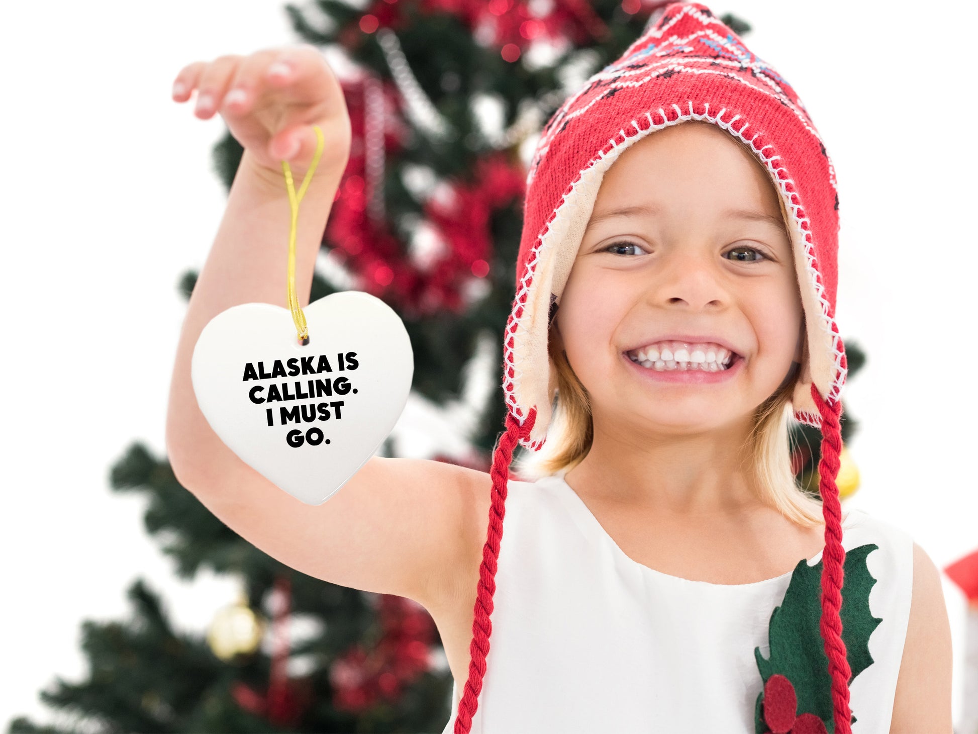 Alaska State Heart Ornament, 'Alaska Is Calling. I Must Go.' Quote