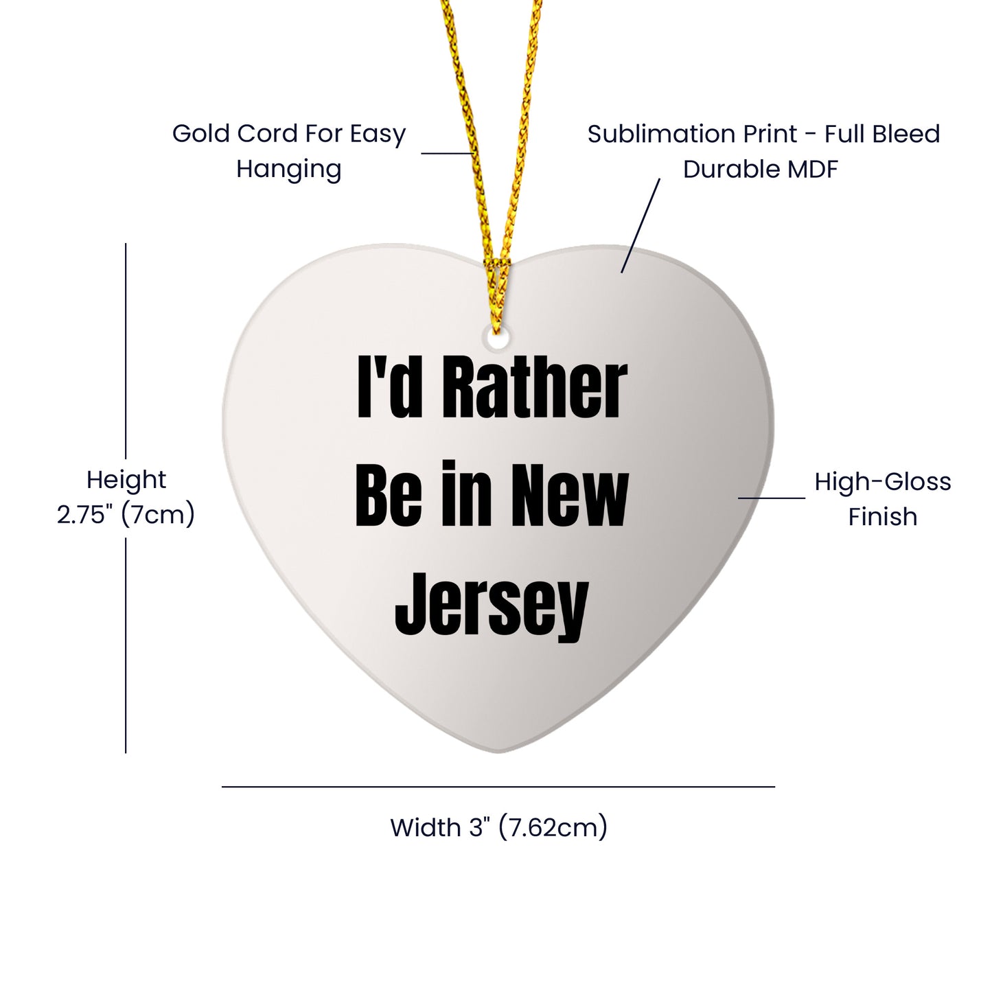 I'd Rather Be In New Jersey Heart Ornament, Funny Quote, Christmas Unique Gifts