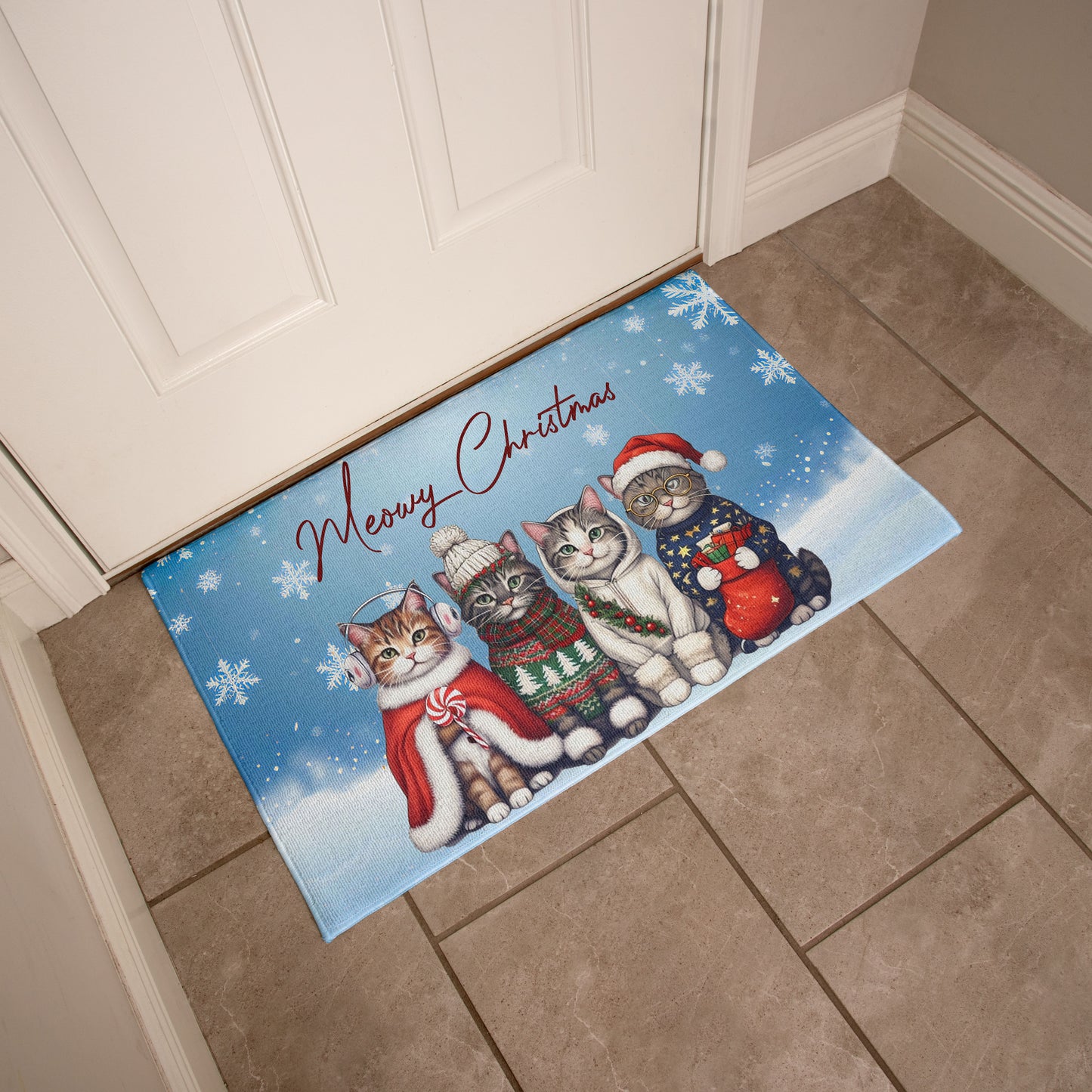 Meowy Christmas Doormat – Full Color Cat Holiday Welcome Mat Gift
