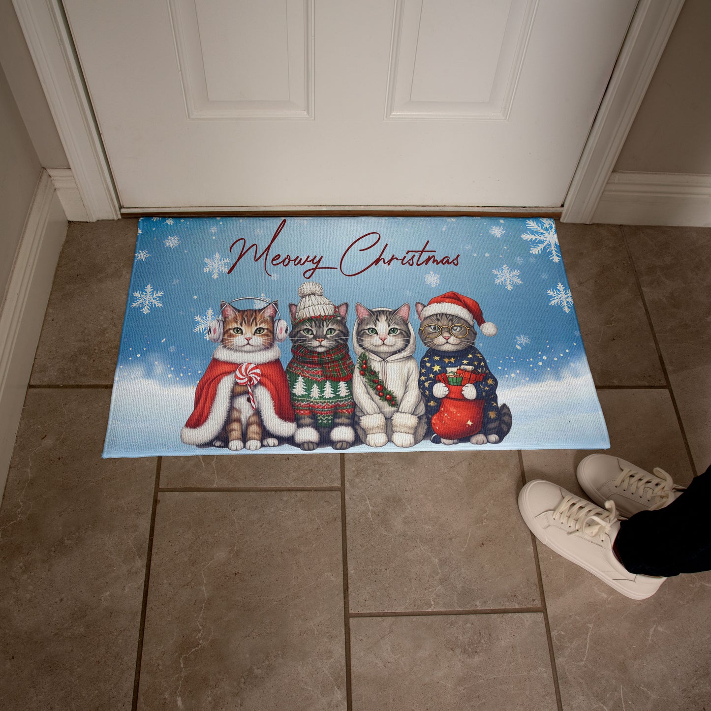 Meowy Christmas Doormat – Full Color Cat Holiday Welcome Mat Gift