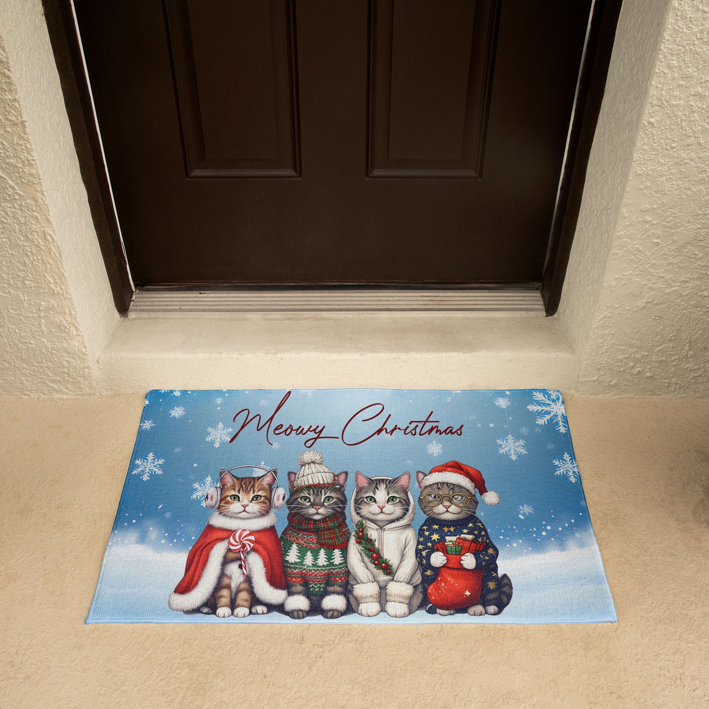 Meowy Christmas Doormat – Full Color Cat Holiday Welcome Mat Gift