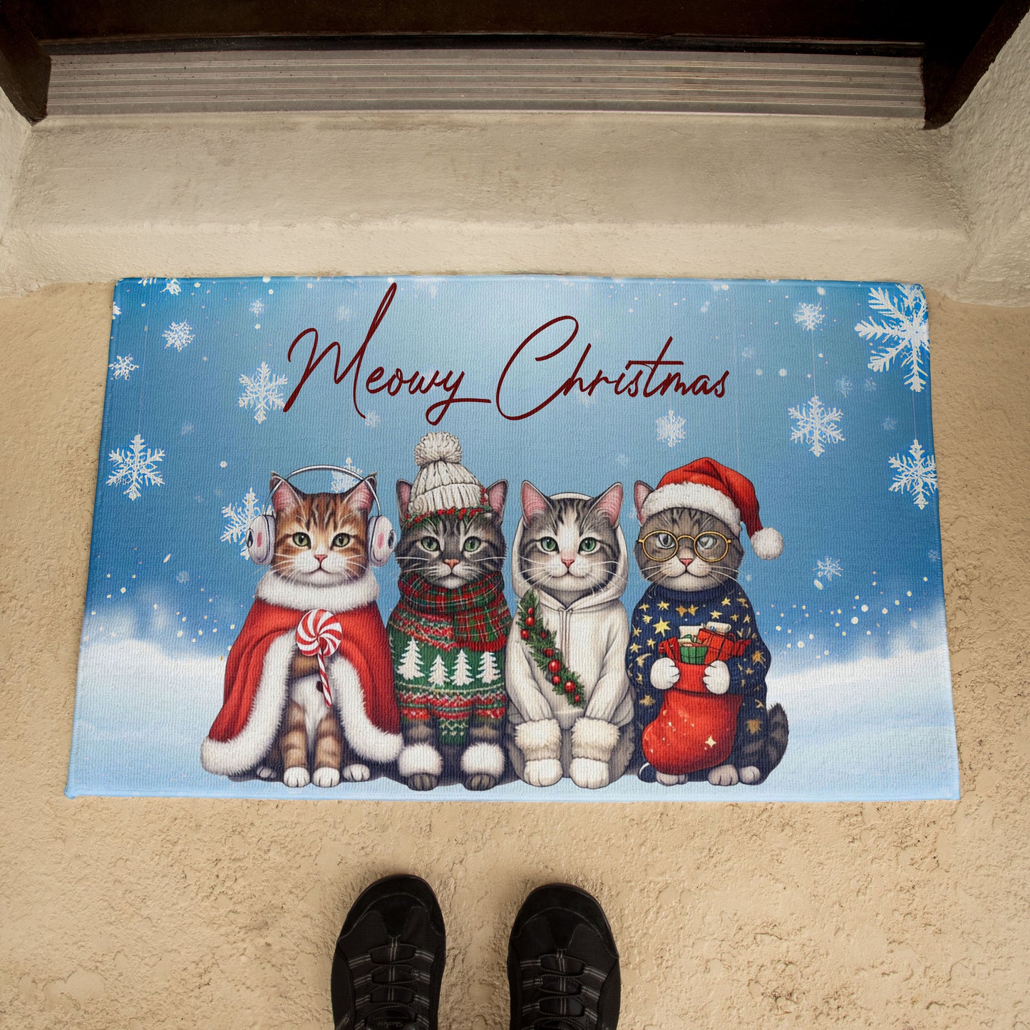 Meowy Christmas Doormat – Full Color Cat Holiday Welcome Mat Gift