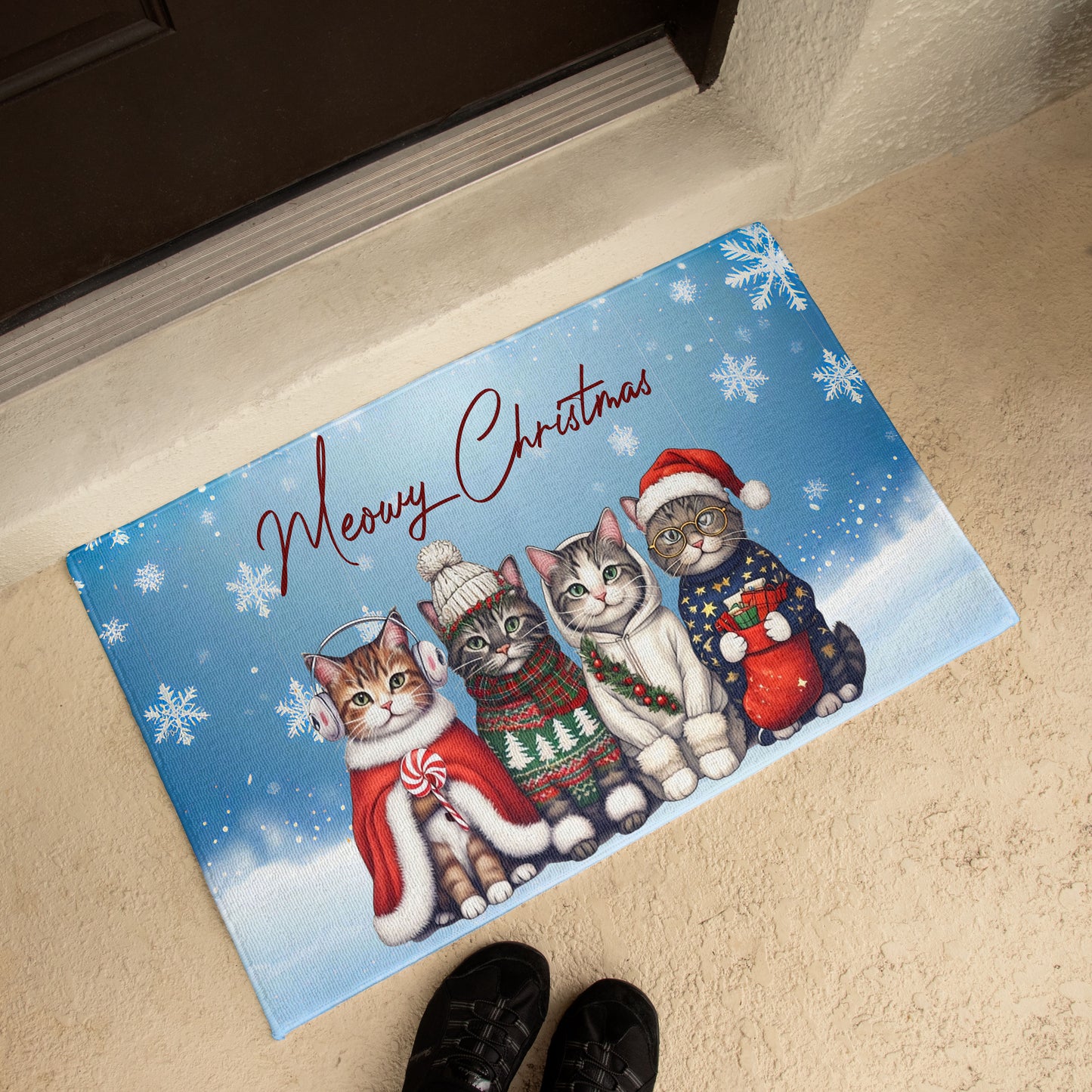 Meowy Christmas Doormat – Full Color Cat Holiday Welcome Mat Gift
