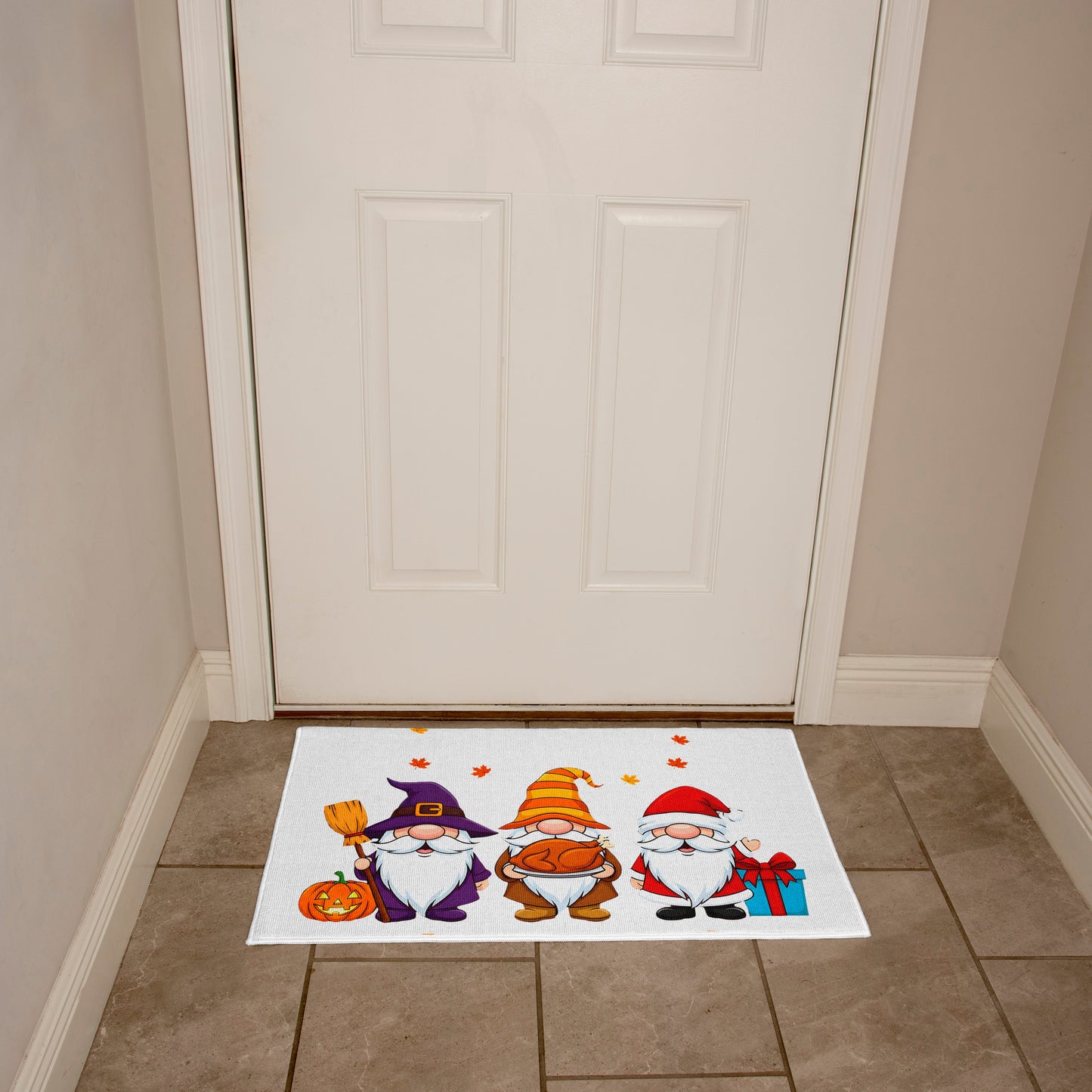 Holiday Gnome Trio Doormat – Halloween, Thanksgiving & Christmas All-in-One Welcome Mat – Cute Seasonal Full-Color Entry Rug