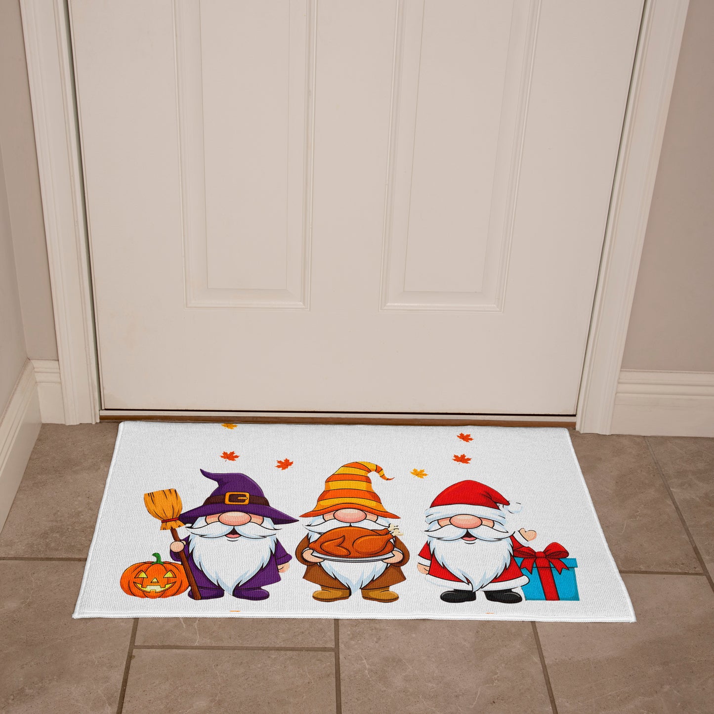 Holiday Gnome Trio Doormat – Halloween, Thanksgiving & Christmas All-in-One Welcome Mat – Cute Seasonal Full-Color Entry Rug