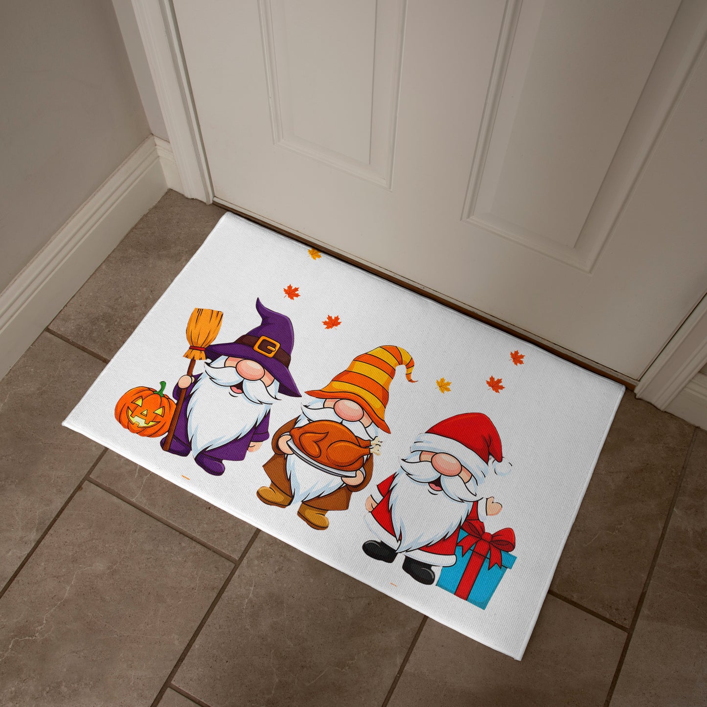 Holiday Gnome Trio Doormat – Halloween, Thanksgiving & Christmas All-in-One Welcome Mat – Cute Seasonal Full-Color Entry Rug
