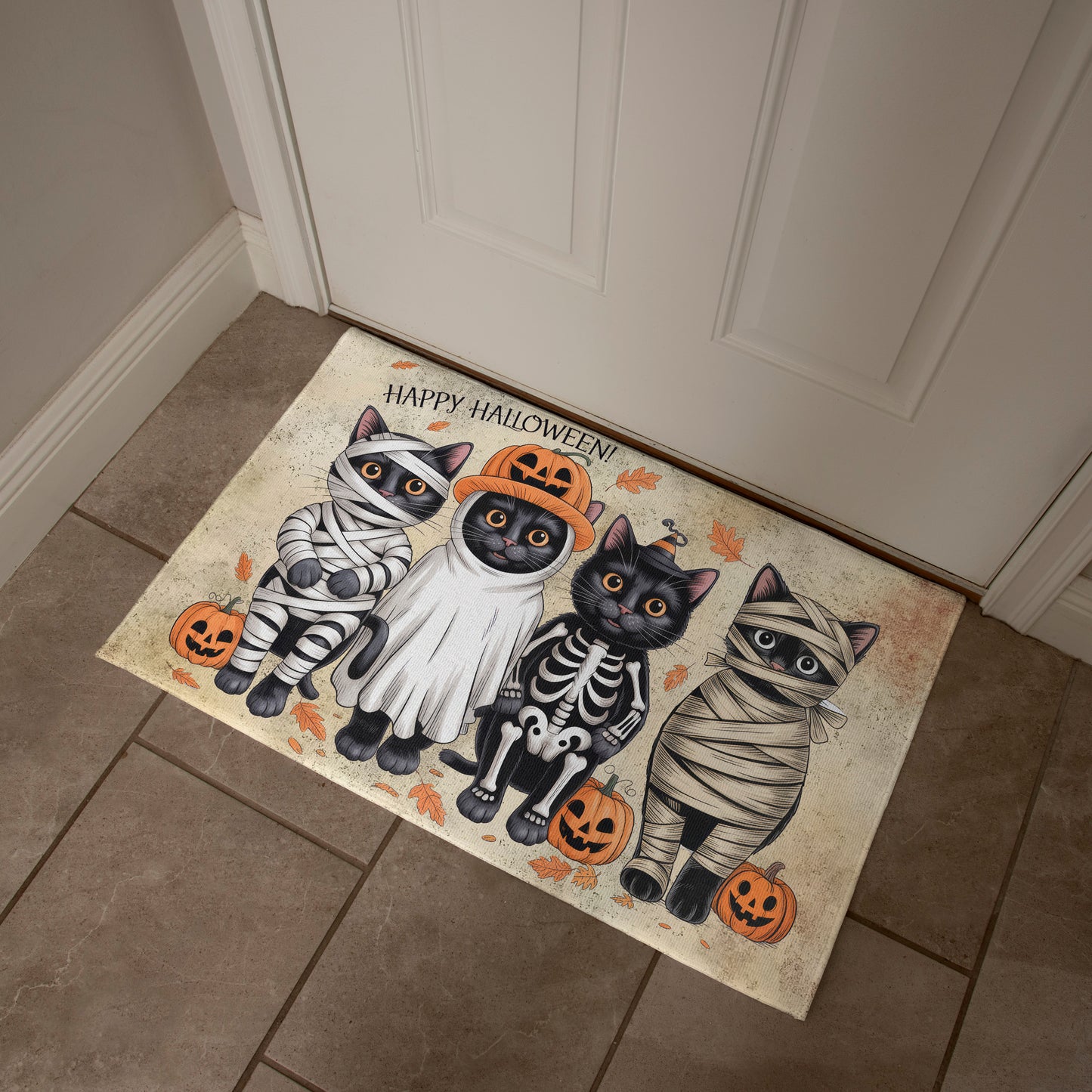 Happy Halloween Cat Doormat – Cute Black Cats in Costumes Welcome Mat – Funny Spooky Fall Décor for Cat Lovers - Mallard Moon