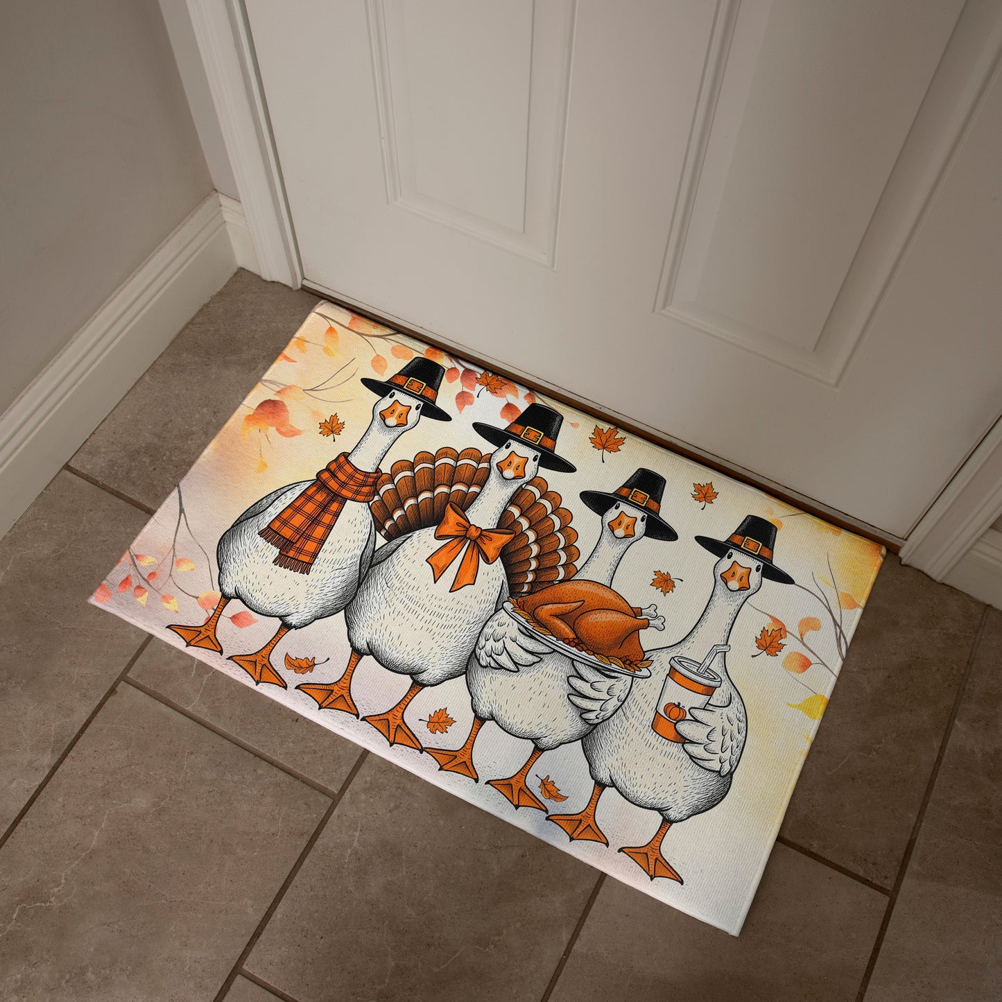 Thanksgiving Goose Family Doormat – Funny Fall Welcome Mat with Pilgrim Geese, Turkey, and Pumpkin Latte – Autumn Front Porch Décor