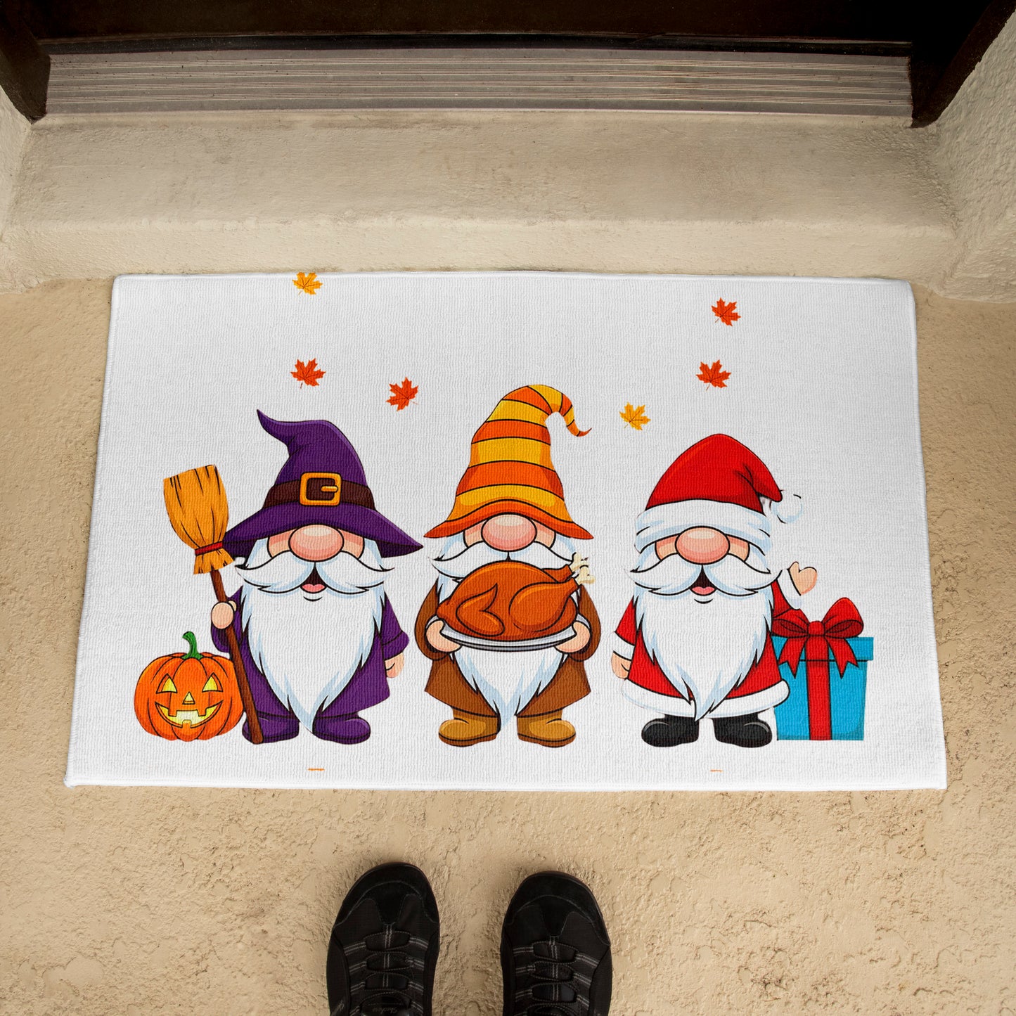 Holiday Gnome Trio Doormat – Halloween, Thanksgiving & Christmas All-in-One Welcome Mat – Cute Seasonal Full-Color Entry Rug