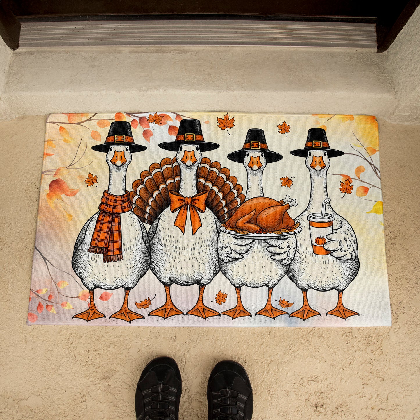 Thanksgiving Goose Family Doormat – Funny Fall Welcome Mat with Pilgrim Geese, Turkey, and Pumpkin Latte – Autumn Front Porch Décor
