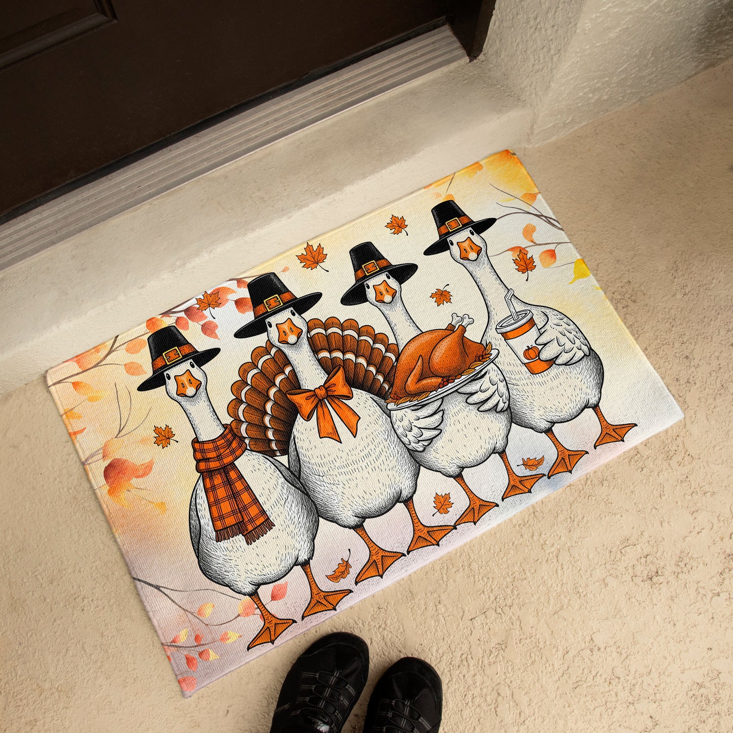 Thanksgiving Goose Family Doormat – Funny Fall Welcome Mat with Pilgrim Geese, Turkey, and Pumpkin Latte – Autumn Front Porch Décor