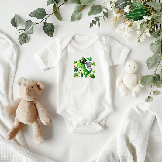 Lucky Saurus Rex St. Patrick’s Day Baby Bodysuit – Cute Dinosaur & Shamrock Onesie – Soft Cotton Infant Romper – Funny Irish Holiday Outfit & Baby Gift - Mallard Moon Gift Shop