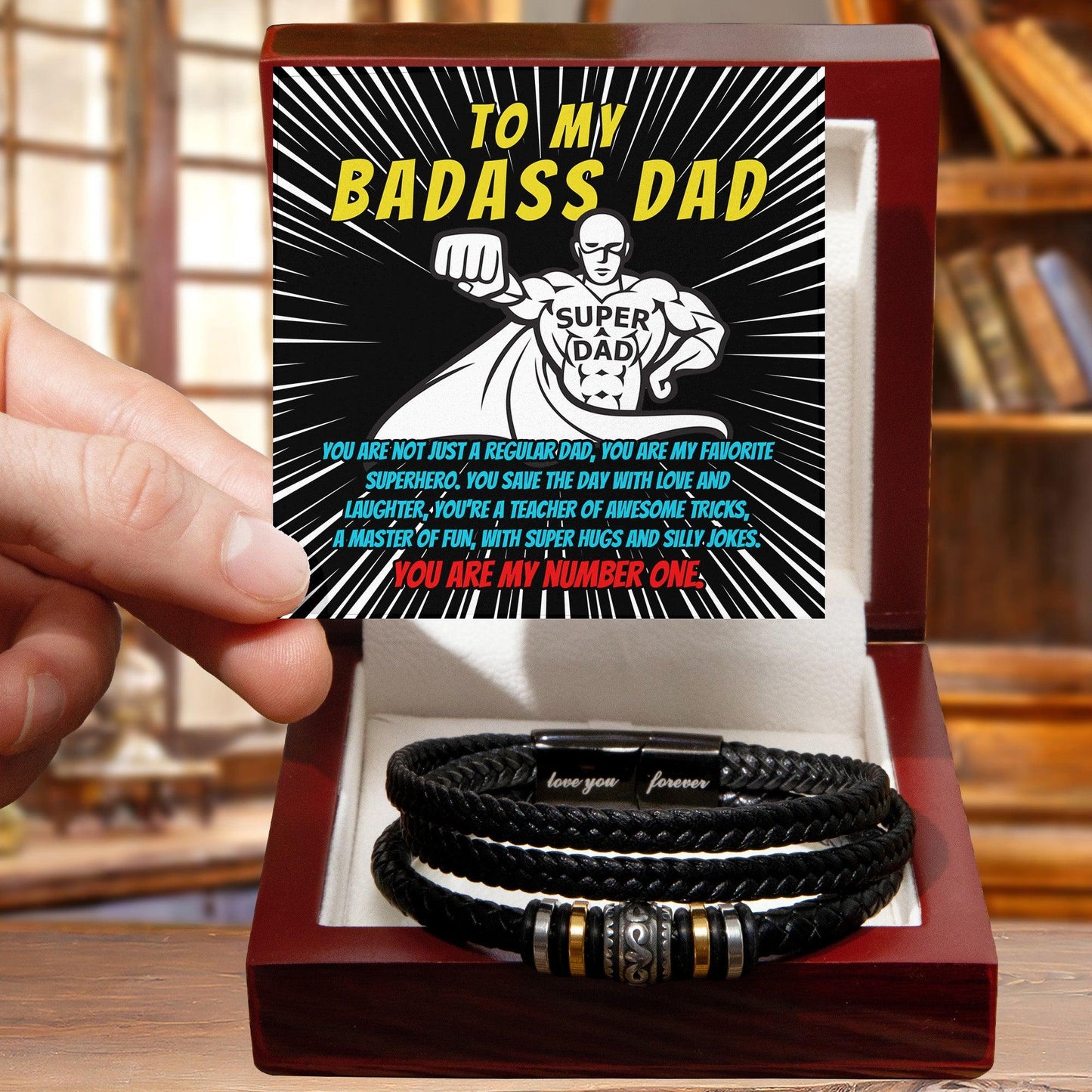 To My Badass Dad - You Are My Favorite Superhero - Men's Braided Leather Bracelet with Gift Box - Mallard Moon Gift Shop