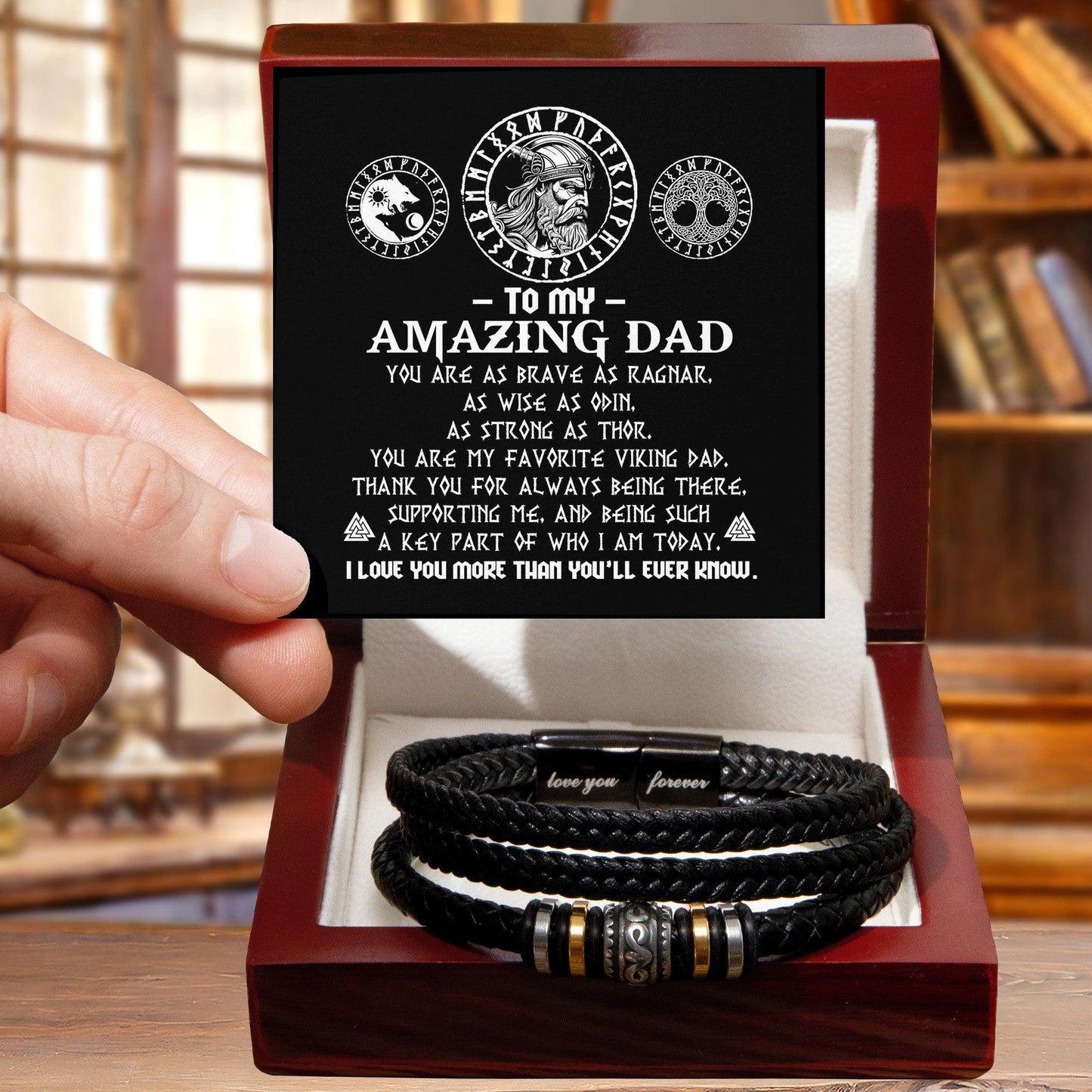 Gift for Dad - Viking Dad Brave as Ragnar Black Braided Leather Men's Bracelet - Mallard Moon Gift Shop