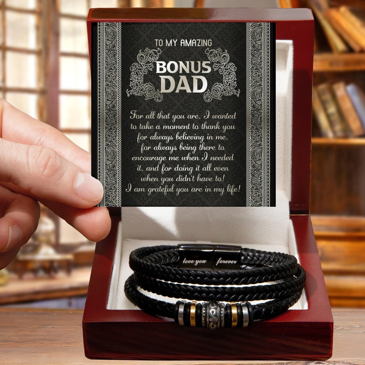 Gift for Bonus Dad I am Grateful You are in My Life Men's Braided Leather Bracelet - Mallard Moon Gift Shop