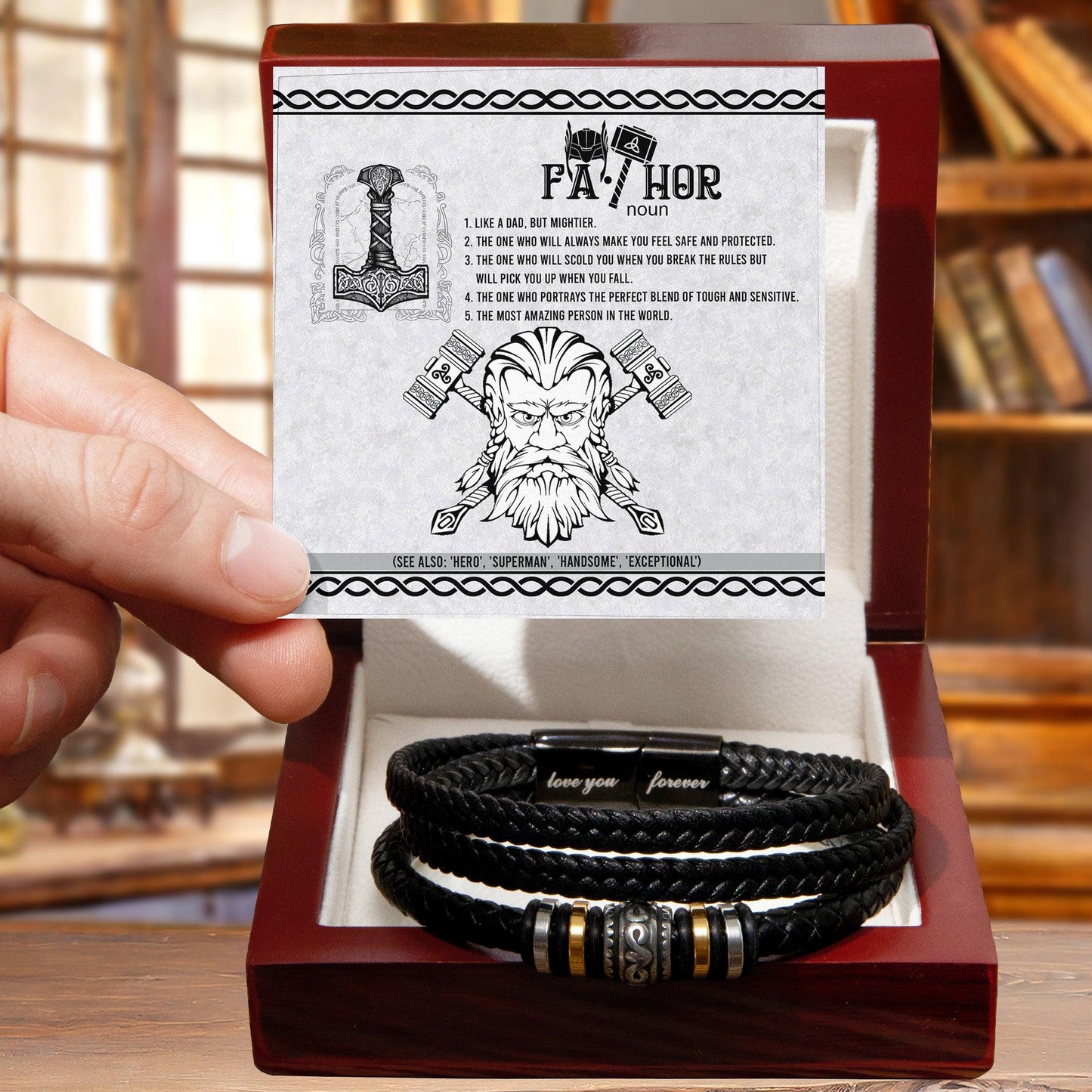 Gift for Dad - Safe And Protected - Black Braided Leather Men's Bracelet - Mallard Moon Gift Shop