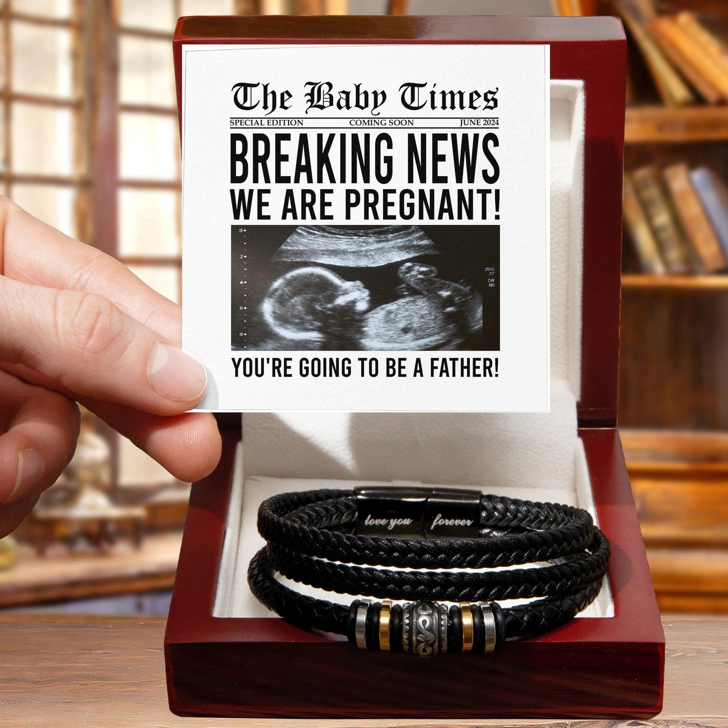Gift for New Father Breaking News - We Are Pregnant Braided Leather Men's Bracelet - Mallard Moon Gift Shop