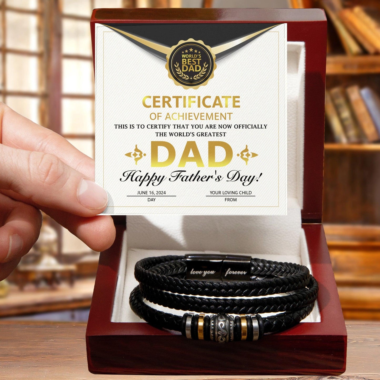 Dad Gift Certificate of Achievement Leather Bracelet - Mallard Moon Gift Shop