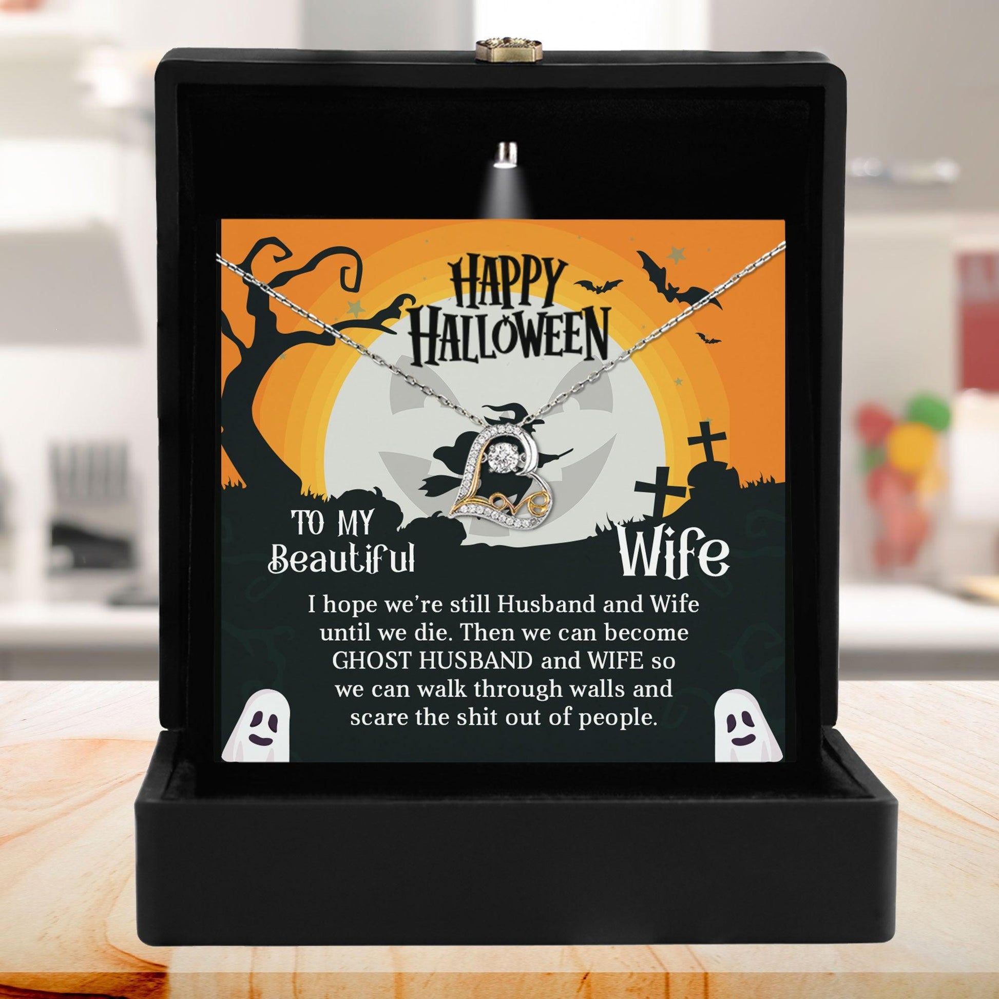 Wife Happy Halloween - Ghost Husband and Wife - Love Dancing Heart Necklace - Mallard Moon Gift Shop