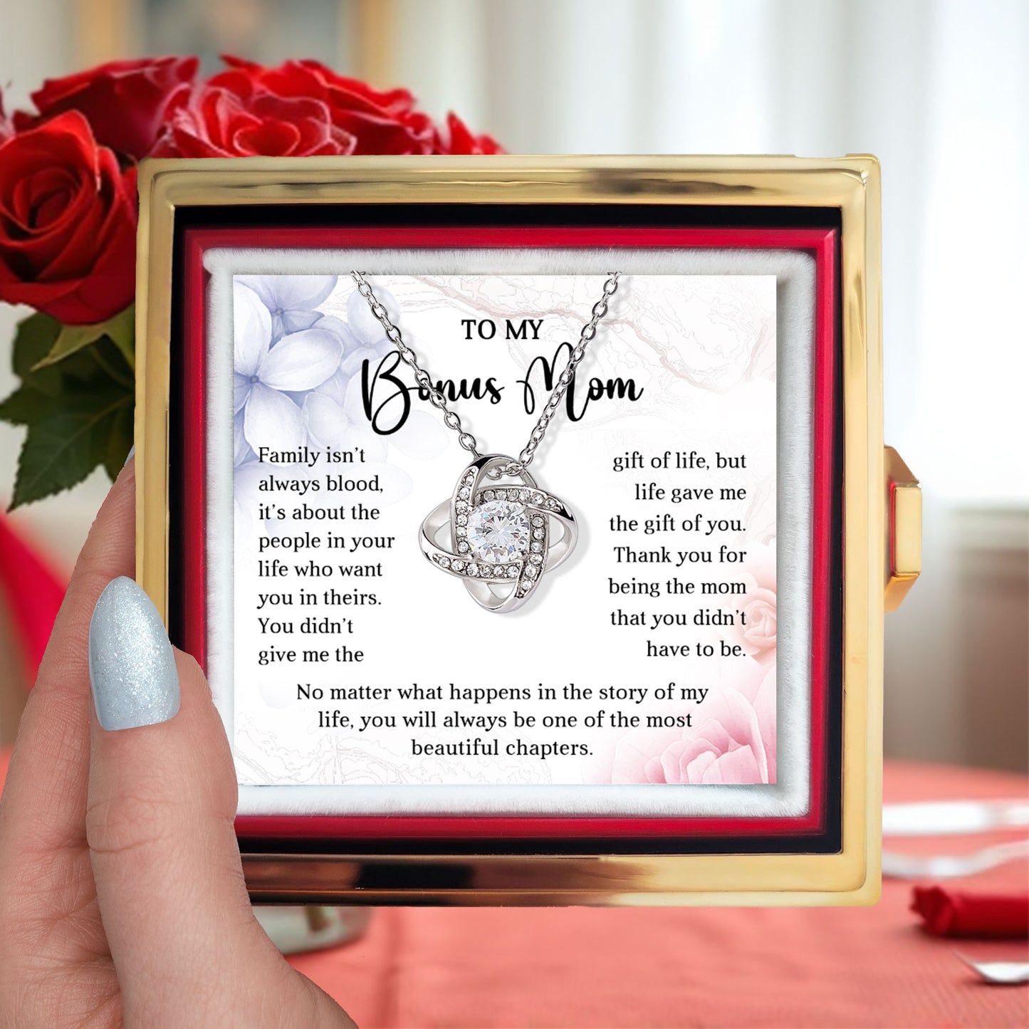 Gift for Your Bonus Mom - Beautiful Chapter - Love Knot Necklace with Rose Gift Gox
