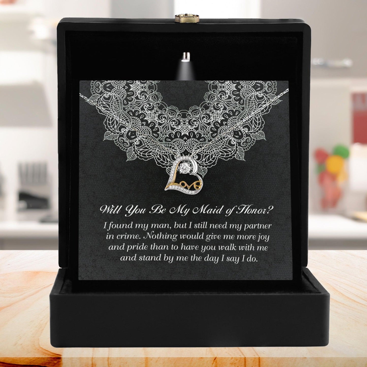 Maid of Honor Wedding Proposal Gift - Partner In Crime - Love Dancing Heart Pendant Necklace - Mallard Moon Gift Shop