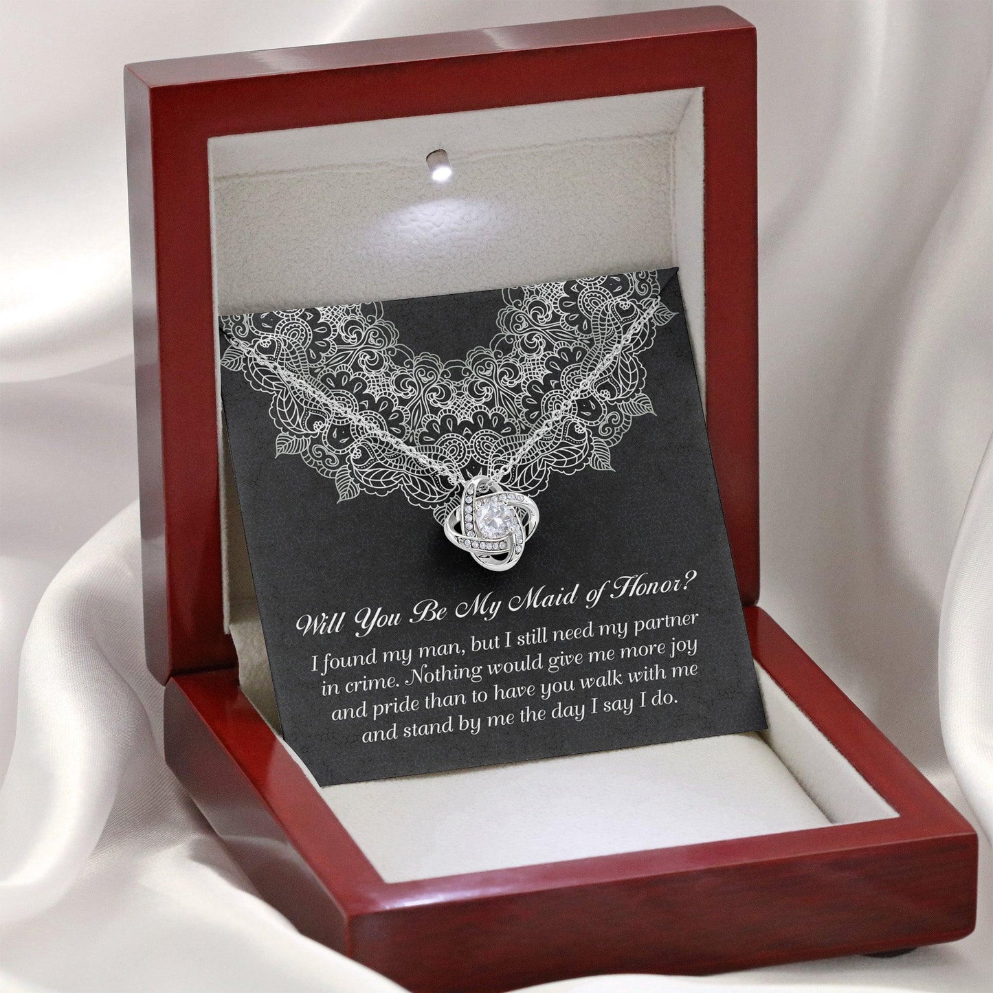 Maid of Honor Wedding Proposal Gift - Partner In Crime - Love Knot Pendant Necklace - Mallard Moon Gift Shop