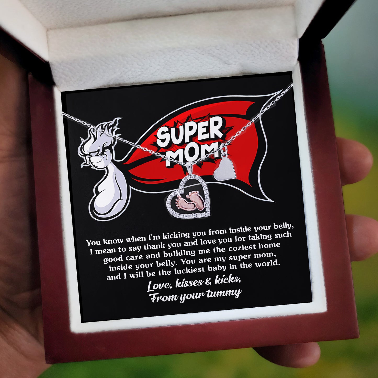 Supermom Baby Feet Pendant Necklace Love, Kisses and Kicks From Your Tummy - Mallard Moon Gift Shop