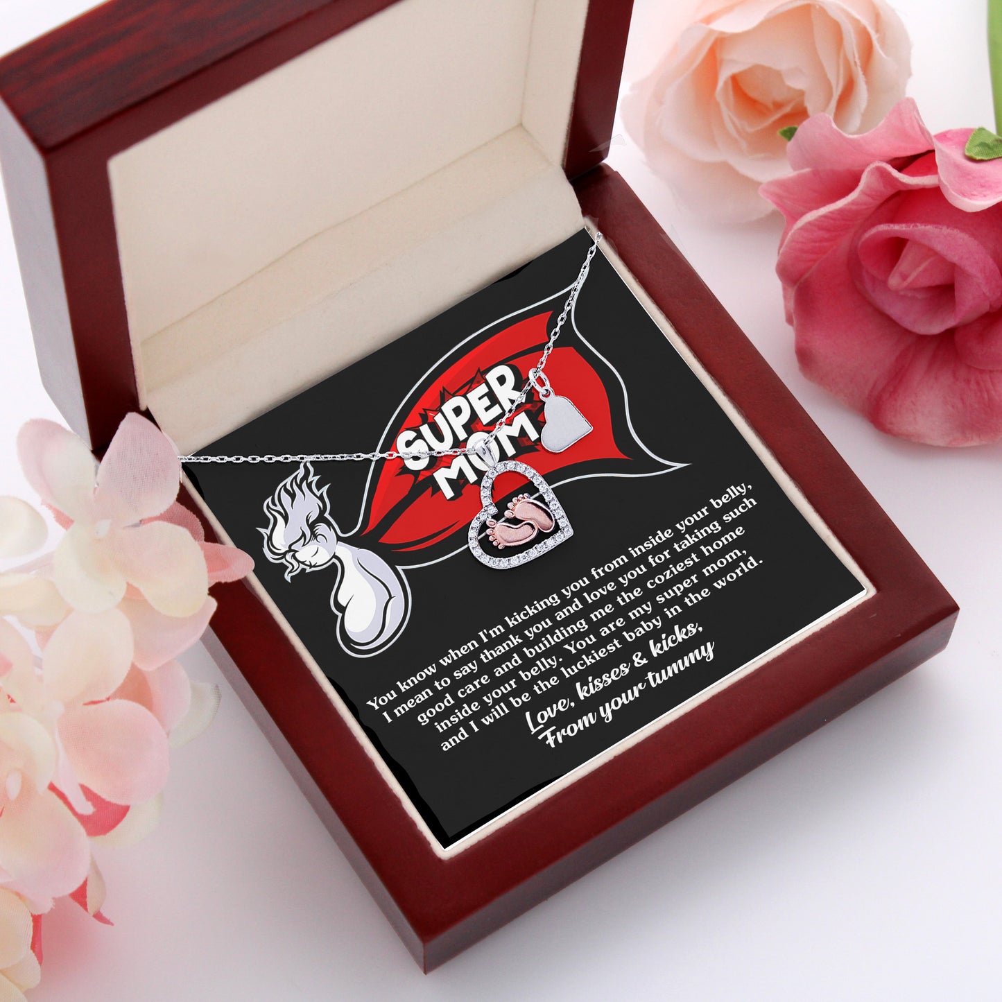 Supermom Baby Feet Pendant Necklace Love, Kisses and Kicks From Your Tummy - Mallard Moon Gift Shop
