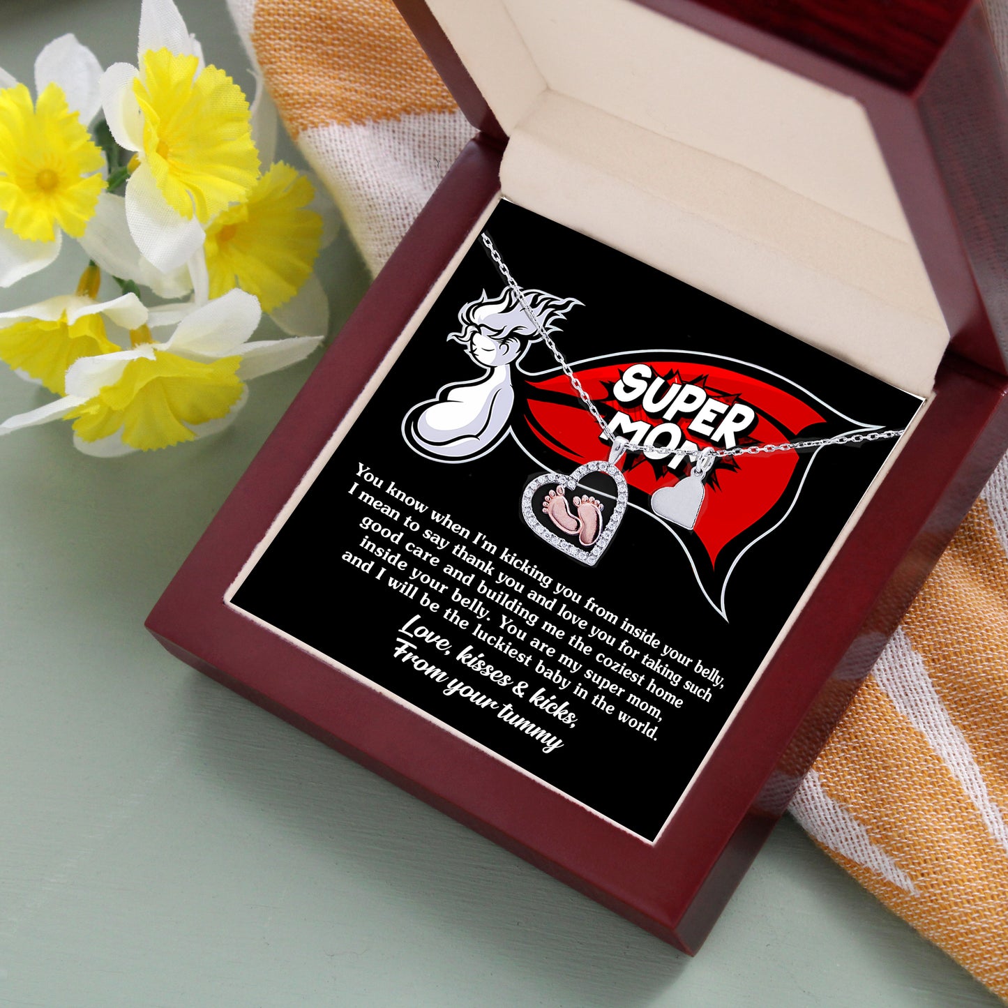 Supermom Baby Feet Pendant Necklace Love, Kisses and Kicks From Your Tummy - Mallard Moon Gift Shop