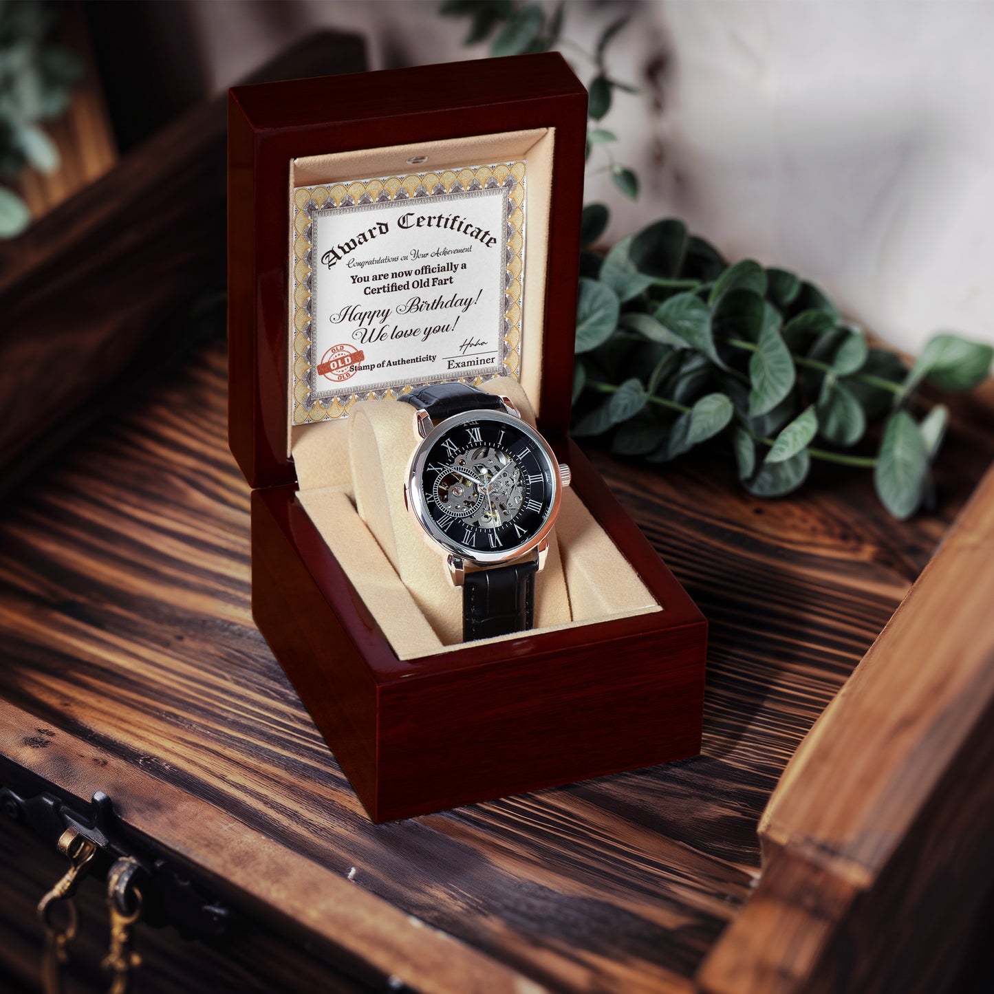 Certified Old Fart Birthday Watch – Men's Openwork Watch with Leather Band | Gag Gift for Dad, Grandpa, Husband or Friend - Mallard Moon Gift Shop